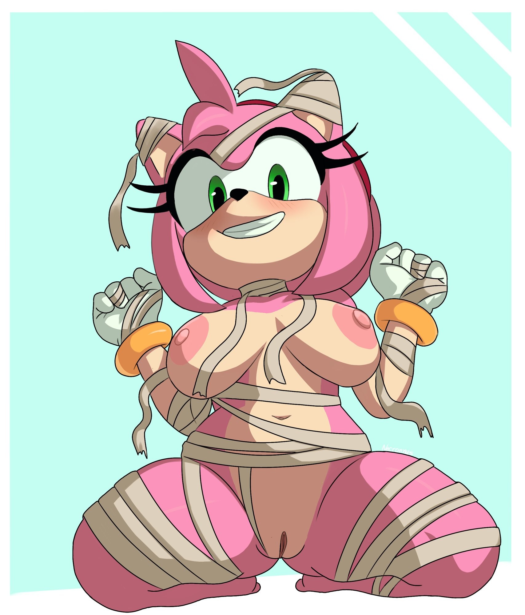 1girls, amy rose, anthro, bandages, blush, female, front view, green eyes, highres, huge breasts, looking at viewer, mummy costume, navel, necronnus, nipples, pink fur, pussy, simple background, solo, solo female, sonic (series), sonic the hedgehog (series), squatting