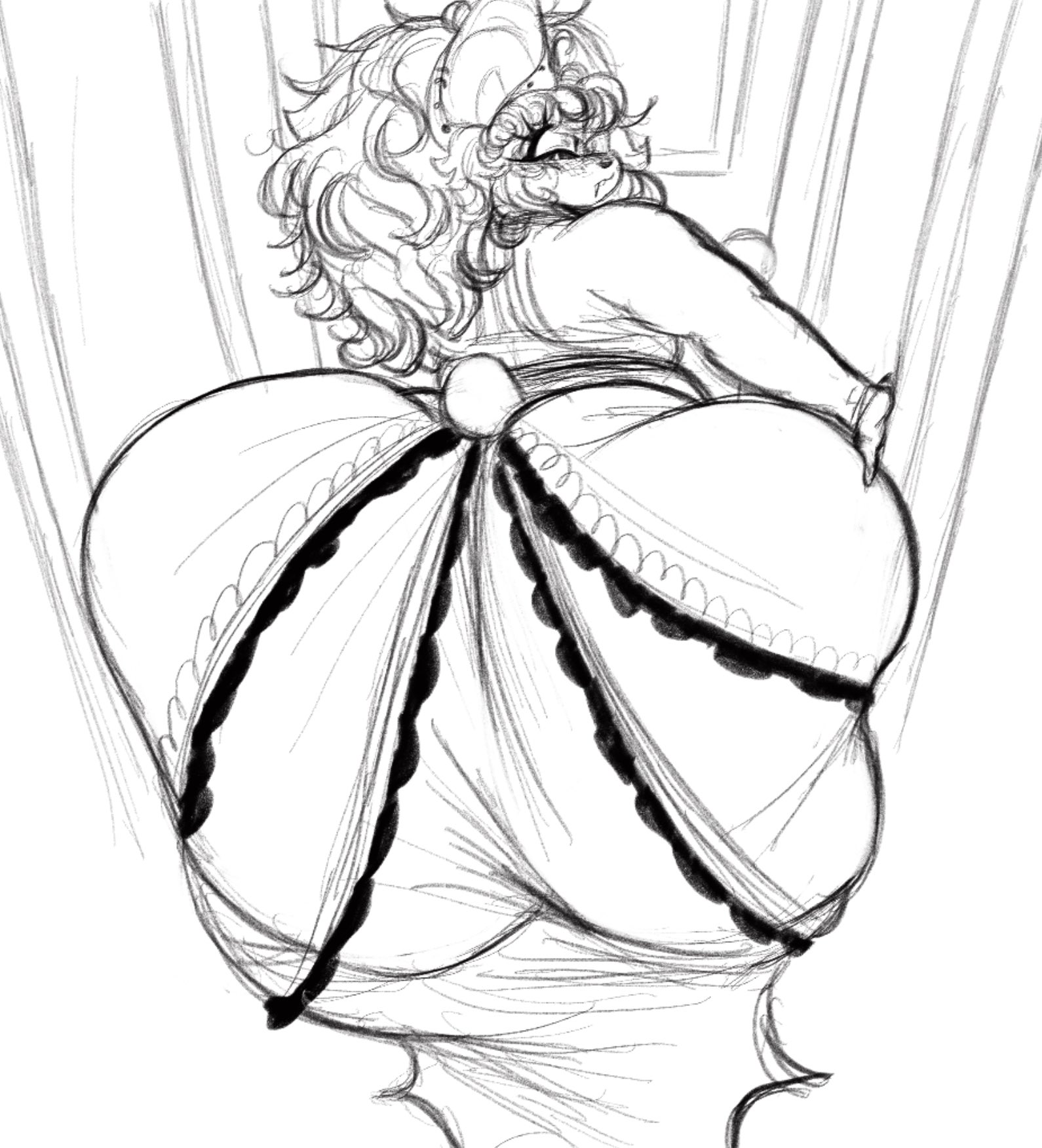 2025, ambiguous gender, anthro, ass, ass focus, ass stuck, bark4mutt, bbw, big ass, big ears, blush, bottom heavy, chubby, chubby female, crossdressing, curly hair, dress, ear piercing, embrassed, eyelashes, fat ass, furry, hyper, hyper ass, looking back, stuck in door, tagme, tagme (character), tail, voluptuous