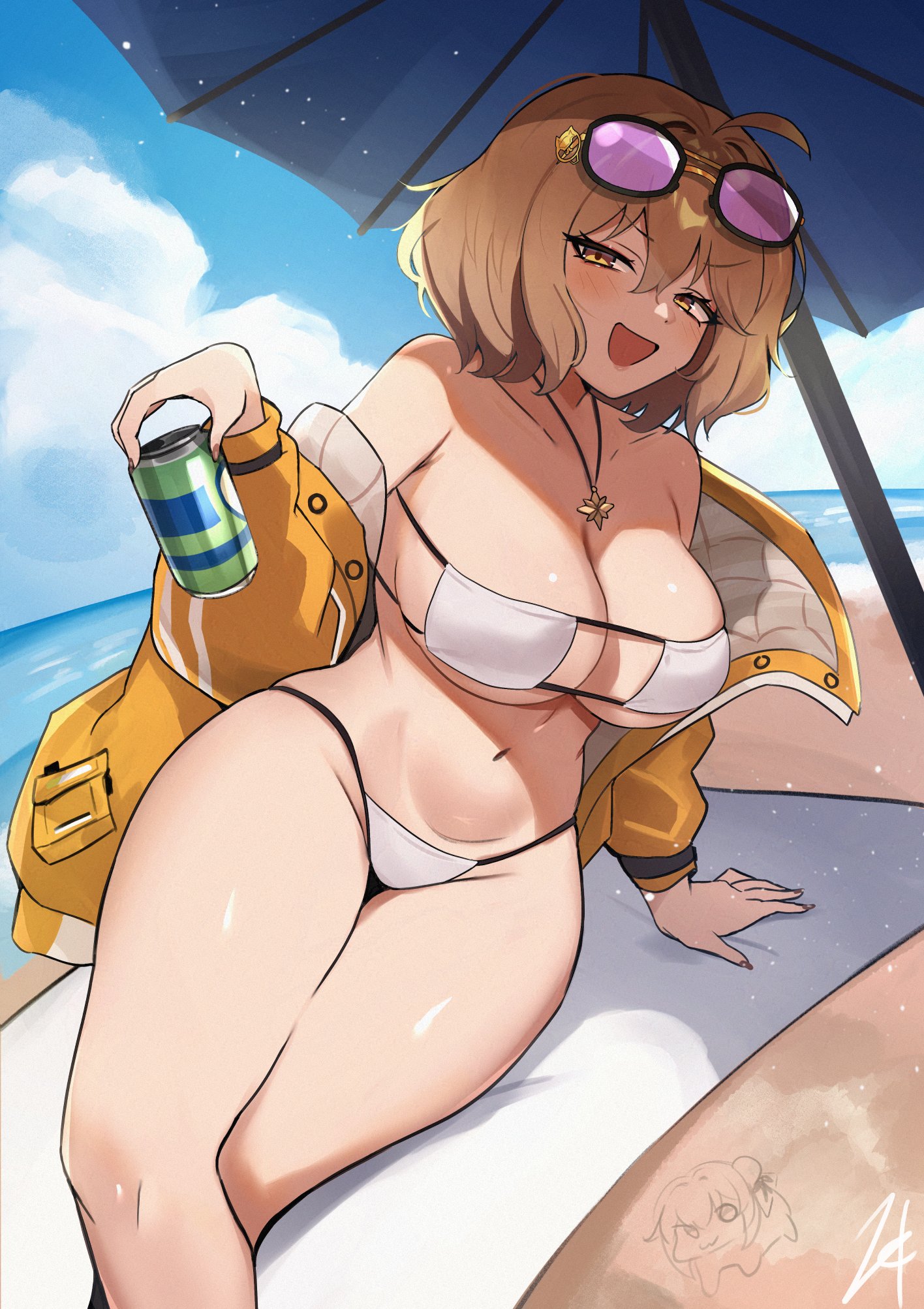 ahoge, anis (nikke), anis (sparkling summer) (nikke), aviator sunglasses, bare shoulders, beach, bikini, blue sky, blush, breasts, brown hair, can, cleavage, cloud, collarbone, doro (nikke), drink can, eyepatch bikini, eyewear on head, female, female only, highres, holding, holding can, jacket, jewelry, large breasts, looking at viewer, navel, necklace, ocean, official alternate costume, open mouth, pink-tinted eyewear, purple-tinted eyewear, short hair, sky, smile, soda can, solo, star (symbol), star necklace, stomach, sunglasses, swimsuit, tinted eyewear, towel, umbrella, water, white bikini, yellow jacket, zet (twt zet)