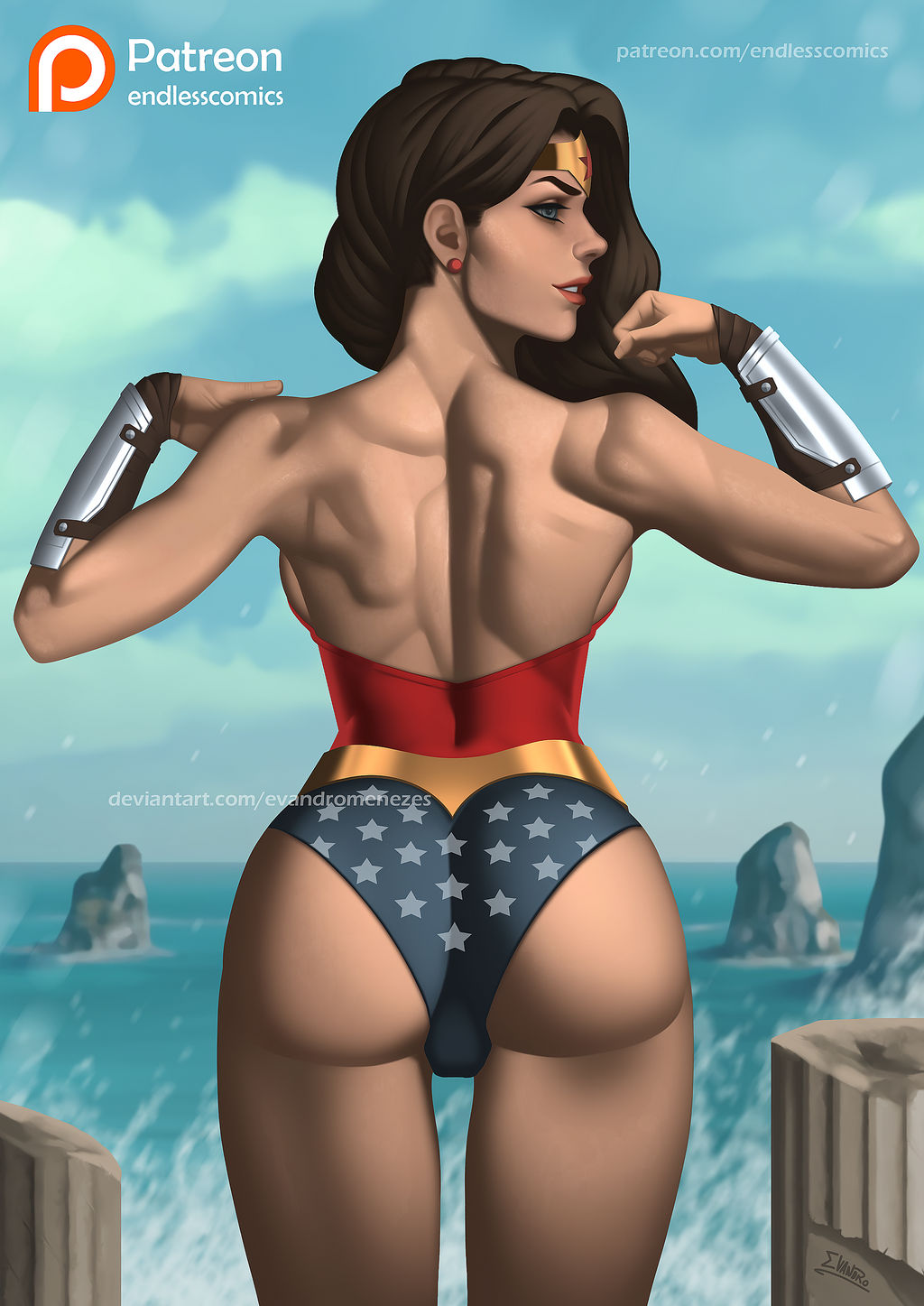 ass, back, backboob, bare back, bare shoulders, black hair, blue eyes, blue sky, bracer, breasts, brown hair, casual one-piece swimsuit, circlet, clothing, cloud, day, dc, dc comics, diana of themyscira, earrings, evandromenezes, female, from behind, hands up, horizon, jewelry, large breasts, leotard, lips, lipstick, long hair, looking at viewer, looking back, makeup, multicolored clothes, muscular, muscular female, nose, ocean, one-piece swimsuit, outdoors, parted lips, red leotard, red lips, red one-piece swimsuit, rock, shoulder blades, sideboob, sky, smile, solo, standing, star (symbol), star print, strapless, strapless leotard, superhero, swimsuit, themyscira, thighs, tiara, toned, vambraces, water, wonder woman, wonder woman (series)
