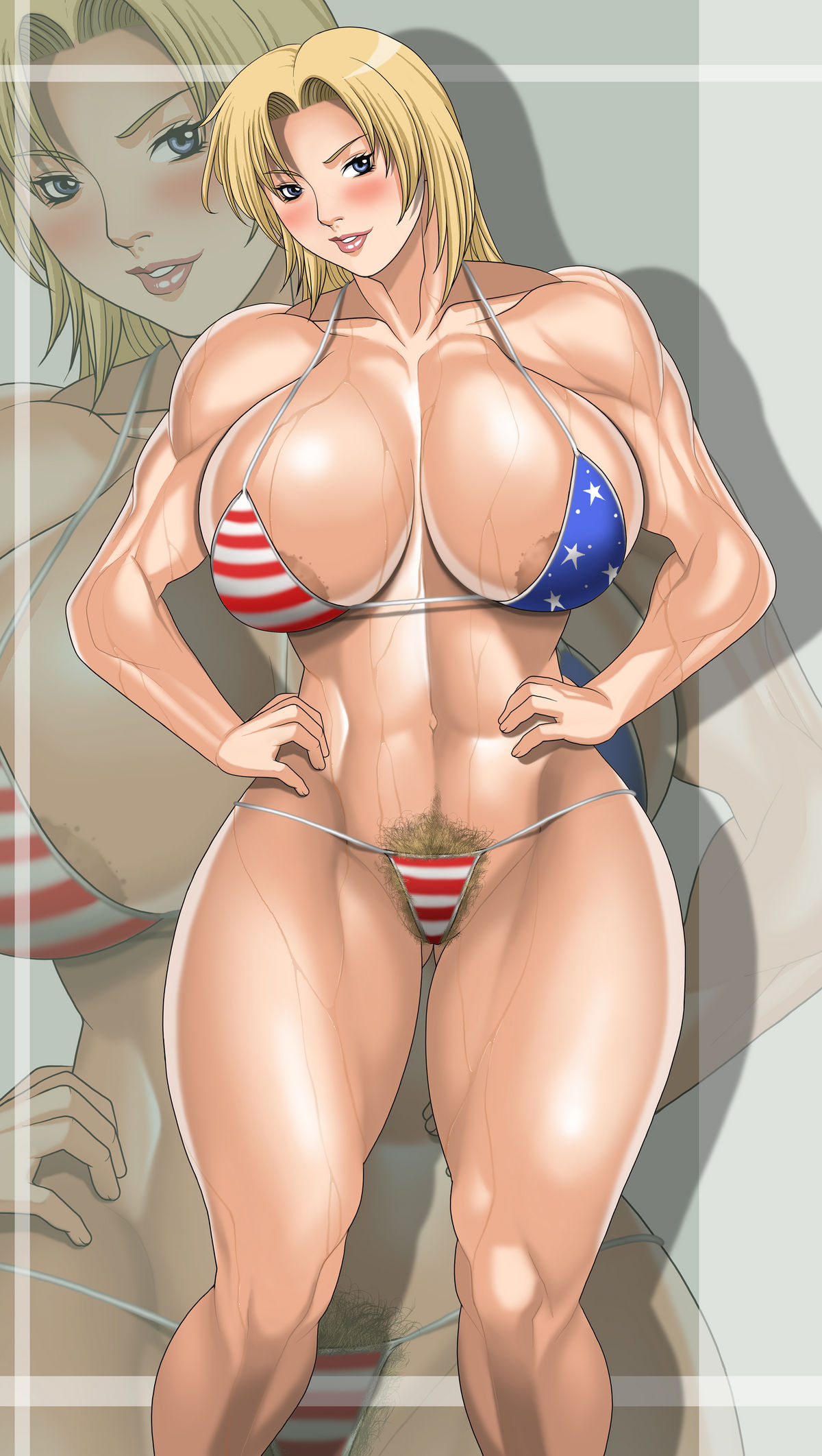 abs american_flag american_flag_bikini areola_slip bikini blonde_hair blue_eyes blush breasts dead_or_alive double_h female female_only highres human large_breasts muscle muscles muscular_female nipple_slip nipples pubic_hair solo swimsuit tecmo thick_thighs thighs tina_armstrong wet