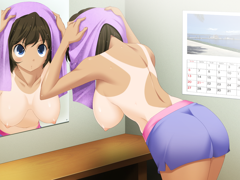 bathroom bent_over blue_eyes blush breasts brown_hair cabinet calendar_(object) cleavage closed_mouth clothes drying drying_hair erect_nipples female female_only game_cg hands_on_head hanging_breasts human indoors koi_to_mizugi_to_taiyo_to large_breasts looking_up mirror navel nipples nude pose pov reflection room short_hair shorts solo tan_lines topless towel towel_on_head