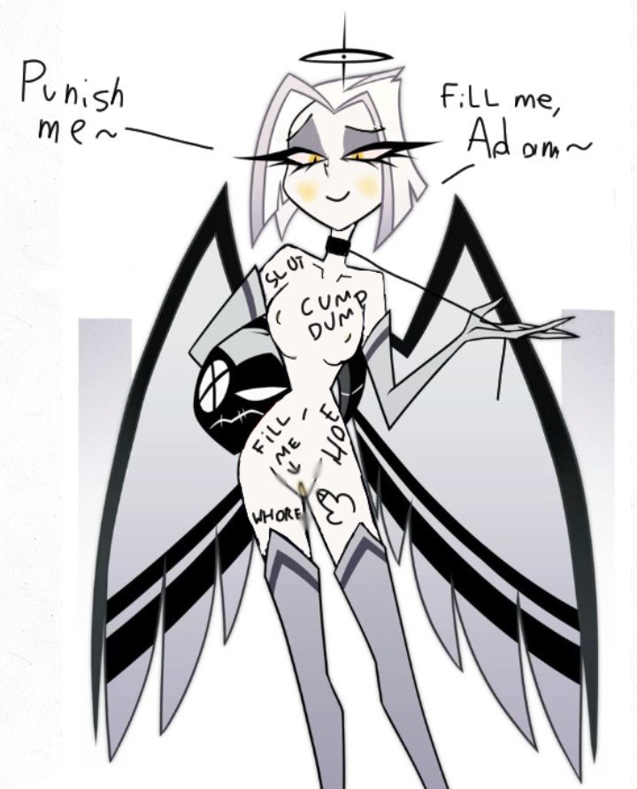 body writing, female, femsub, guitarspear, hazbin, hazbin hotel, humiliation, leash, lute (hazbin hotel), self upload, willing sub