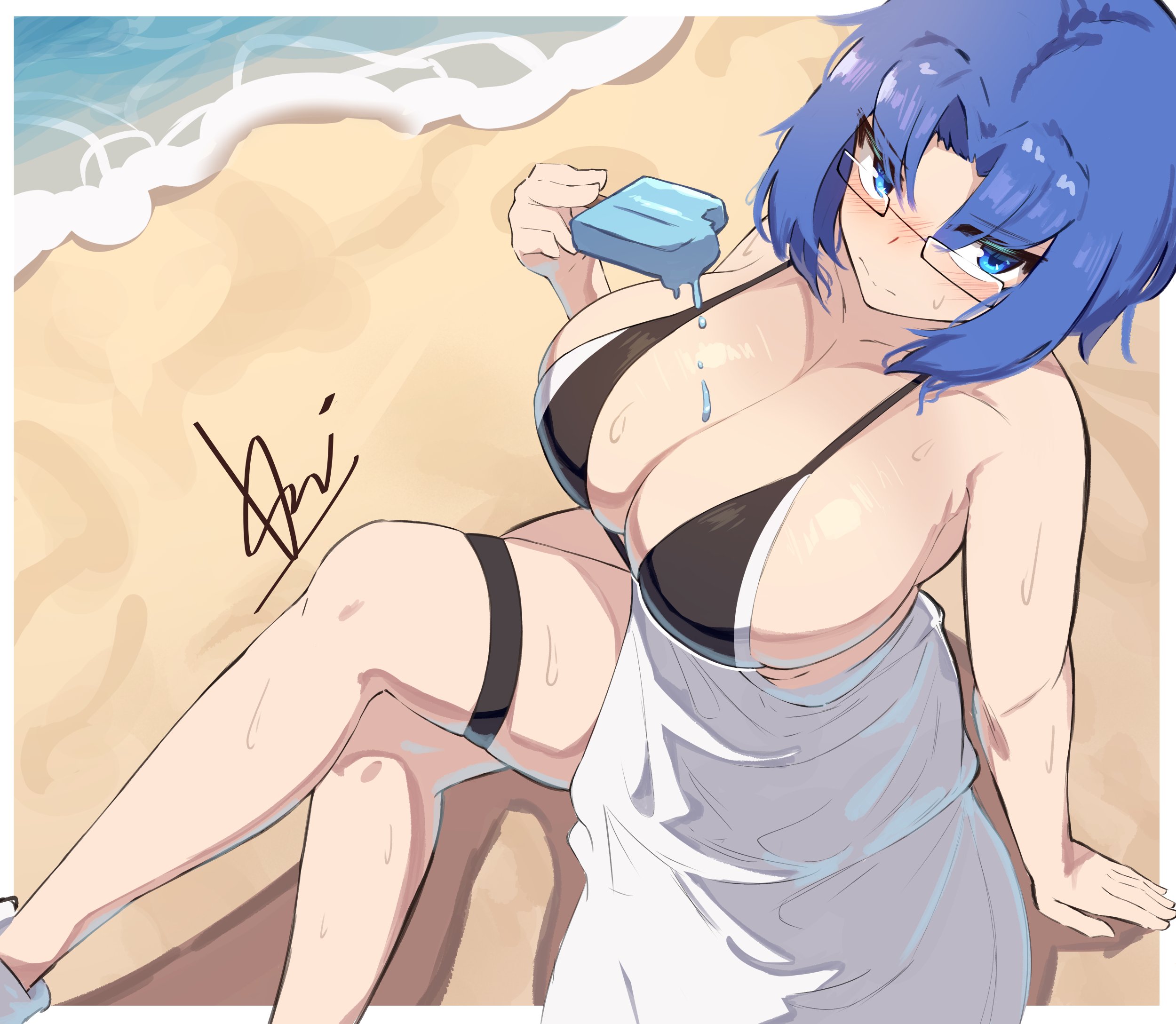 beach, bikini, black bikini, blue eyes, blue hair, blush, breasts, ciel (tsukihime), collarbone, female, food, glasses, highres, holding, holding food, holding popsicle, large breasts, popsicle, short hair, signature, solo, swimsuit, tsukihime, vinsycal, waves