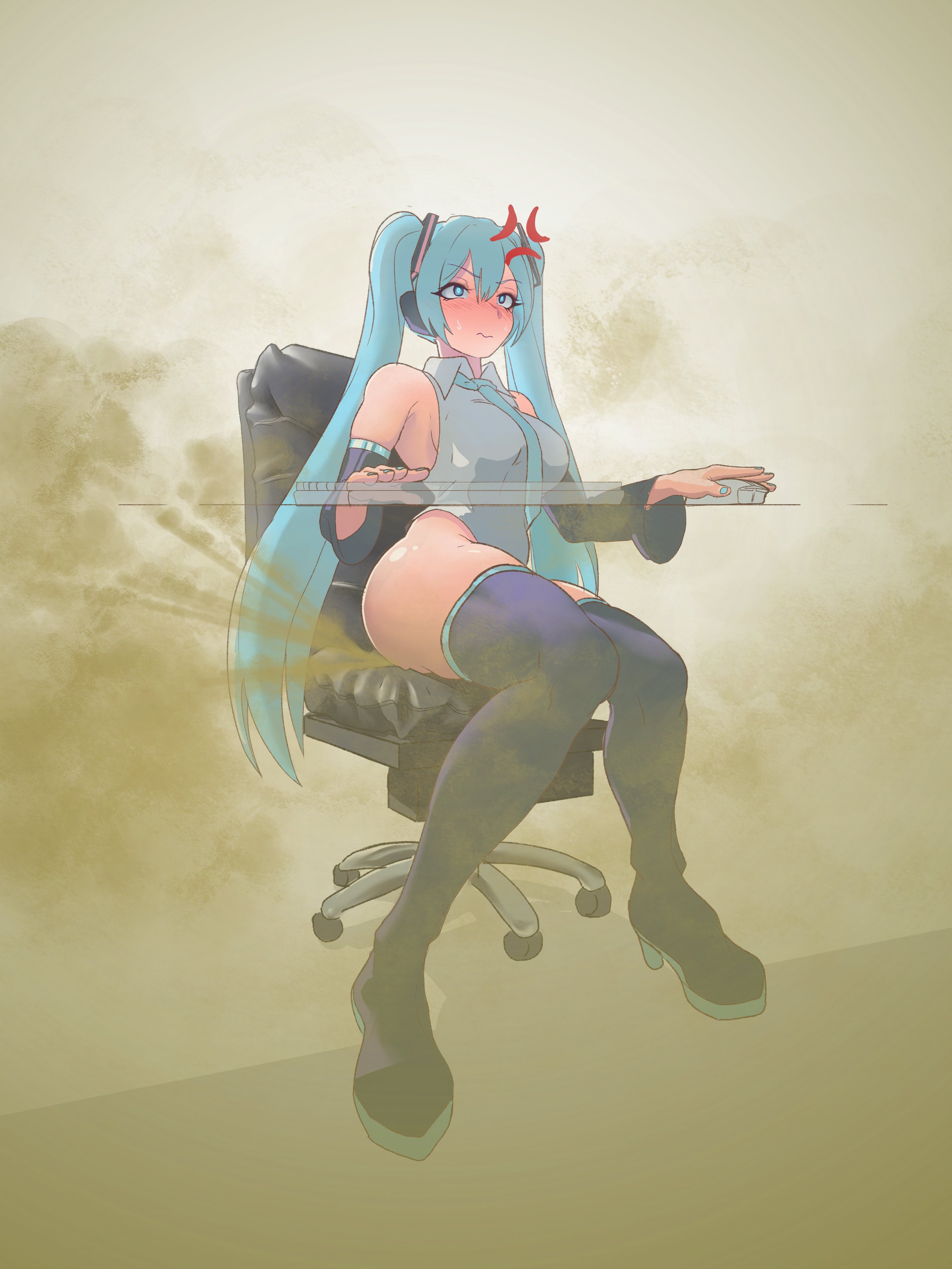 1girl, 1girls, anger vein, aqua eyes, aqua hair, blue hair, blush, boots, breasts, chair, detached sleeves, fart, fart cloud, fart fetish, farting, gamer, gamer chair, gamer girl, gassy, gassy female, hatsune miku, long hair, necktie, pyrosinical, sitting, skindentation, solo, thick thighs, thigh boots, thighhighs, thighs, twintails, very long hair, vocaloid