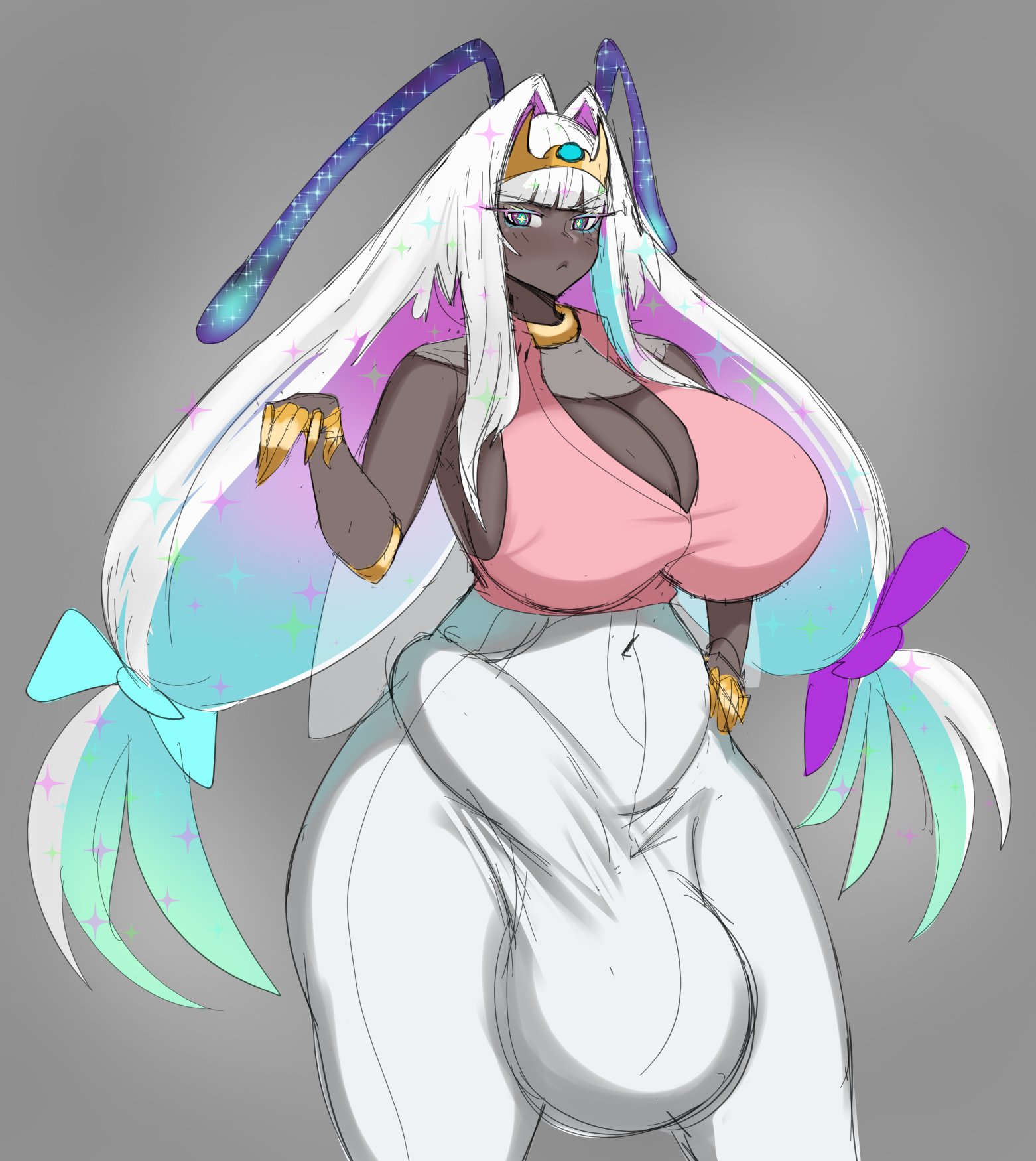 1futa, 2025, 2d, 2d (artwork), 2d artwork, antennae, antennae (anatomy), balls, balls bigger than head, ballsack, bangs, bare shoulders, belly, belly button, belly button visible through clothing, big balls, big breasts, big cock, big penis, big testicles, blue hair, blunt bangs, breasts, breasts bigger than head, bug, bug girl, bulge, bulge through clothing, child bearing hips, choker, cleavage, clothed, clothed futa, clothing, cock, color, colored, colored sketch, curvaceous, curvaceous figure, curvy, curvy body, curvy figure, curvy hips, curvy thighs, dark skin, dark-skinned futa, dick, female, four-tone hair, fully clothed, futa only, futanari, gaikiken, galatea (gaikiken), game freak, gradient hair, green hair, hourglass figure, huge balls, huge breasts, huge cock, huge testicles, humanization, humanized, humanized pokemon, humanoid, intersex, intersex only, large balls, large breasts, large cock, large penis, large testicles, long hair, multicolored hair, navel, navel visible through clothes, nintendo, original, original character, penis, pheromosa, pokemon, pokemon (species), purple hair, sideboob, sketch, slim, slim waist, solo, solo futa, stomach, straight hair, testicles, thick, thick hips, thick penis, thick thighs, thighs, tiara, tied hair, voluptuous, voluptuous futa, white hair, wide hips