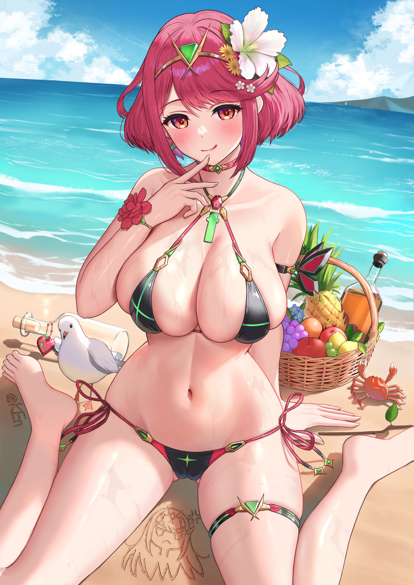 bare shoulders, basket, bikini, black bikini, blush, bottle, breasts, chest jewel, collarbone, core crystal (xenoblade), female, female only, food, fruit, highres, ken-san, kneeling, large breasts, mythra, navel, pineapple, pyra, pyra (xenoblade), red eyes, red hair, short hair, side-tie bikini bottom, skindentation, solo, swimsuit, tiara, xenoblade (series), xenoblade chronicles 2