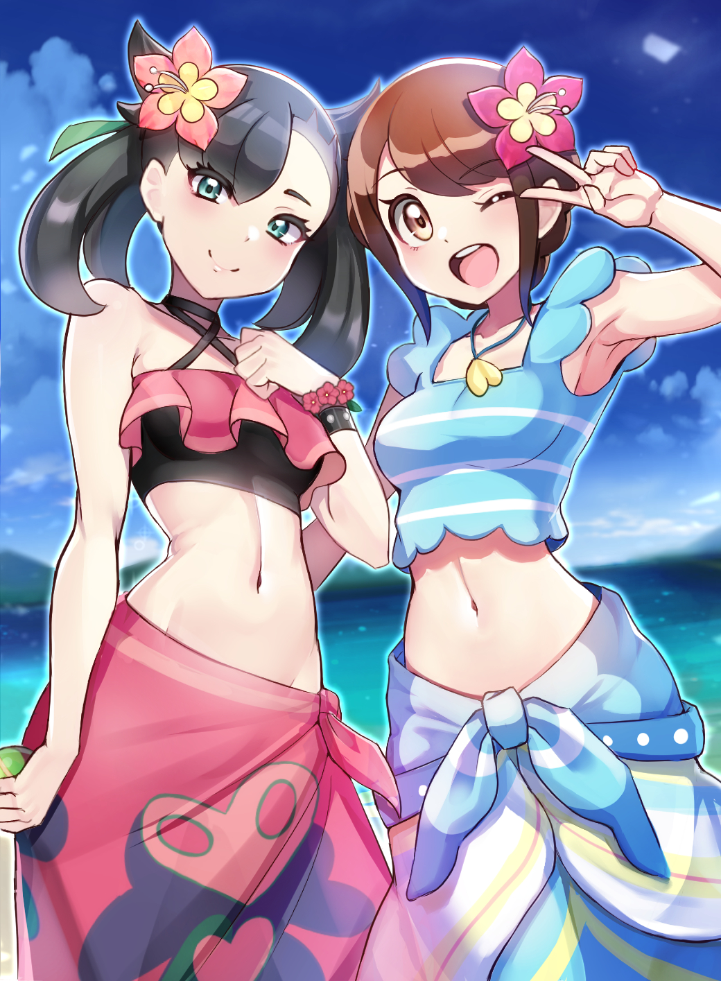 ;d, 2girls, alternate costume, asymmetrical bangs, beach, black hair, blue sky, bracelet, breasts, brown eyes, brown hair, choker, closed mouth, commentary request, dusk ball, female, female only, female with female, female/female, flower, gloria (pokemon), green eyes, hair flower, hair ornament, hibiscus, highres, holding, holding poke ball, jewelry, looking at viewer, marnie (pokemon), multiple females, multiple girls, navel, necklace, nintendo, ocean, official alternate costume, one eye closed, open mouth, poke ball, pokemon, pokemon masters, pokemon masters ex, sarong, sky, smile, summer gloria (pokemon masters), summer marnie (pokemon masters), v, water, yasu suupatenin, yuri