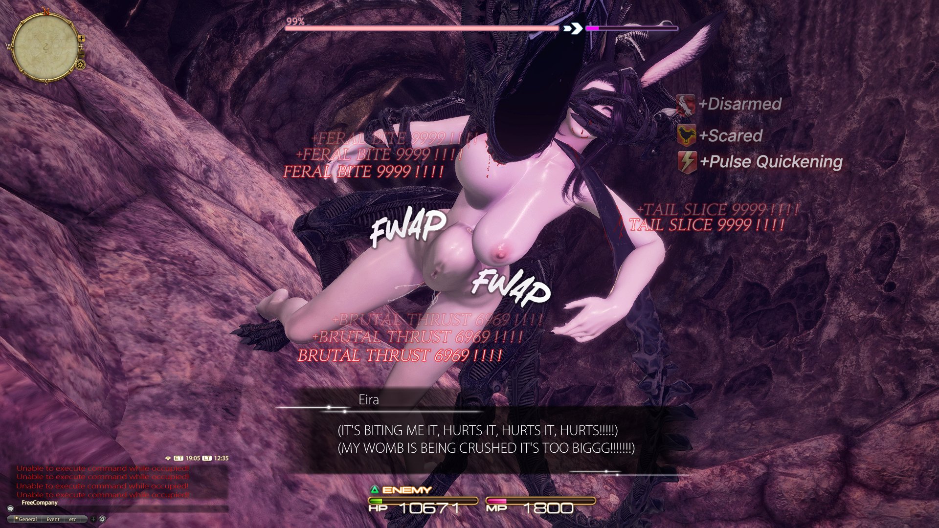1girls, 3d, alien, alien (franchise), anonorenk, biting, blood, breasts, broken rape victim, completely nude female, cutebuneira, defeated, defeated heroine, english text, female, femsub, final fantasy, final fantasy xiv, gameplay mechanics, gpose (ffxiv), hands covering face, held up, helpless, male xenomorph, mind break, monster, monster on female, monster rape, nipples, pussy juice, pussy juice drip, rape, raped, raped by monster, restrained, stomach bulge, stomach deformation, text, viera, xenomorph, xenomorph tail