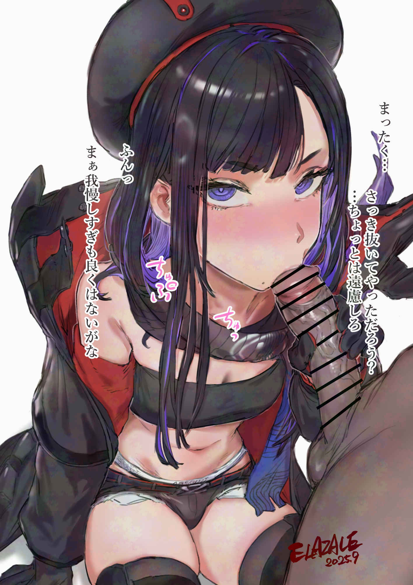 :>=, 1boy, 1girls, 2025, artist name, beret, black gloves, black hair, black jacket, black panties, black shorts, black thighhighs, blush, bra, breasts, censor bar, censored, clothed female nude male, dark skin, dark-skinned male, eruazare, eunhwa, eunhwa (tactical upgrade) (nikke), fellatio, female, goddess of victory: nikke, kneeling, long hair, looking at viewer, male, mole, mole under mouth, navel, official alternate costume, oral, panties, penis, purple eyes, purple hair, scarf, short shorts, simple background, small breasts, sports bra, stomach, straight, thighhighs, two-tone gloves, two-tone hair, underwear, wariza, watermark, white background