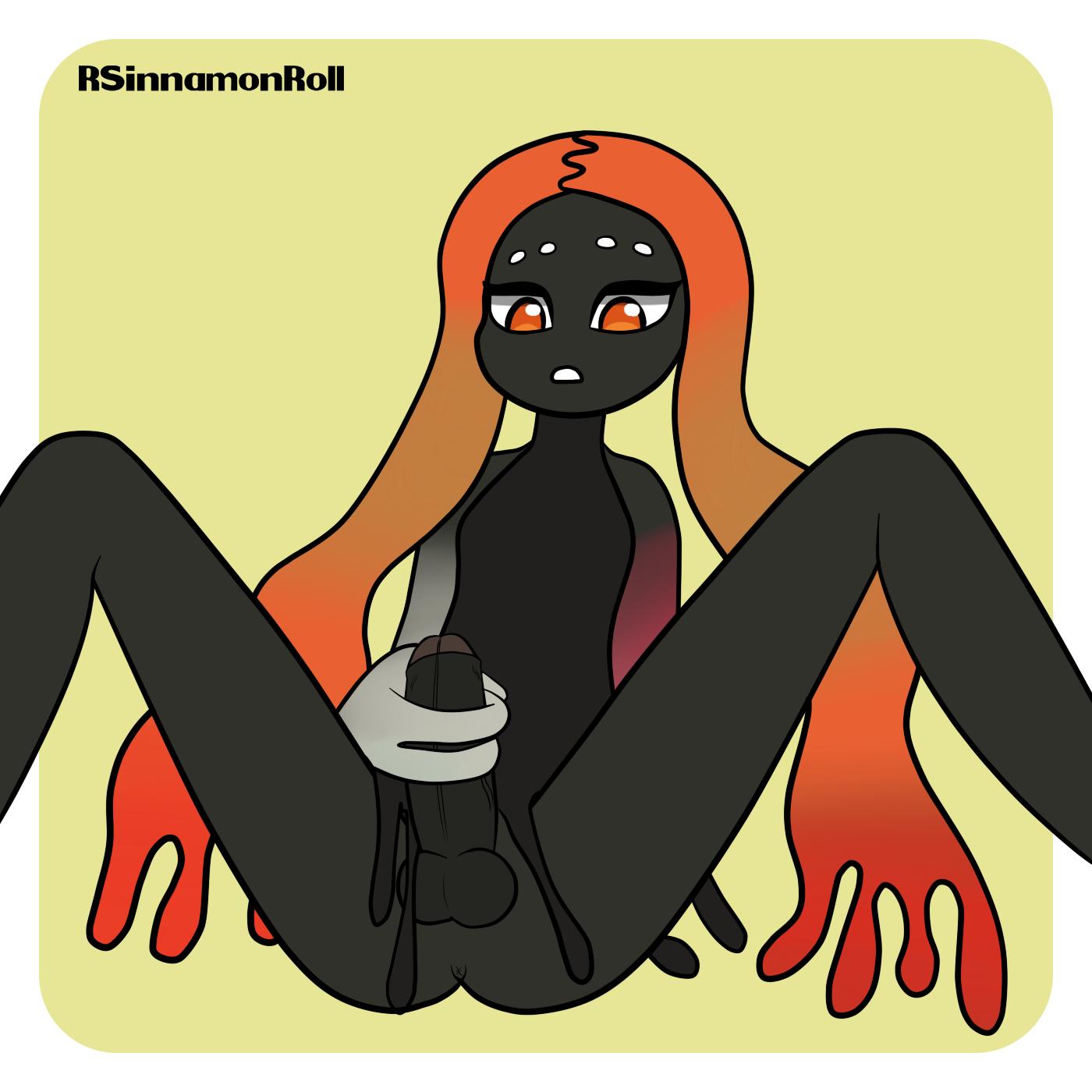 1futa black_skin bottom_feeders fin_bottom_(splatoon) futa_only futanari male_only masturbation orange_eyes orange_hair penis rsinnamonroll simple_background splatoon splatoon_2