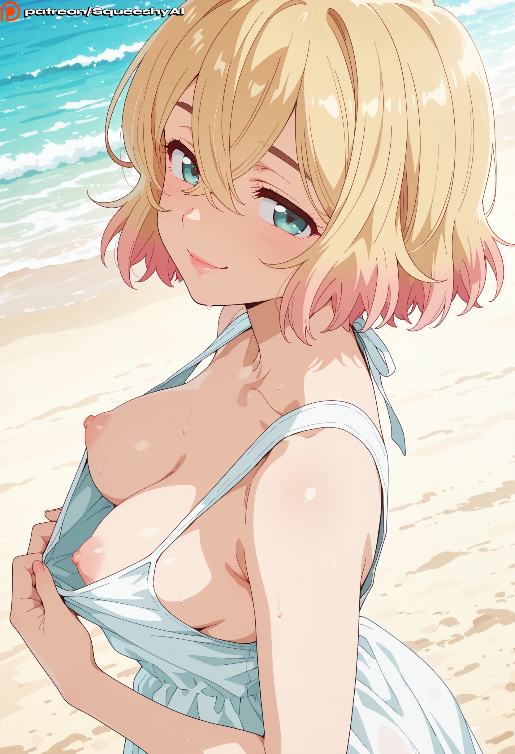 1girls, 2d, 2d (artwork), ai generated, aqua eyes, areolae, beach, bedroom eyes, big breasts, blonde hair, blush, breasts, breasts out, busty, clothes down, clothing pull, collarbone, detailed background, dress, dress down, dress pull, exposed, exposed breasts, female, female only, fit, flashing, flashing breasts, hair highlights, hi res, kanojo okarishimasu, large breasts, light skin, light-skinned female, medium breasts, medium hair, multicolored hair, nanami mami, nipples, no bra, outside, patreon, patreon username, perfect body, perky breasts, pink hair, pink highlights, presenting, presenting breasts, public, puffy areola, puffy areolae, puffy nipples, sand, seductive, seductive eyes, seductive look, seductive smile, sideboob, smile, solo, squeeshyai, standing, straight hair, submissive, submissive face, teal eyes, teasing, teenage female, teenager, two-tone hair, upper body, water, white dress, wide hips