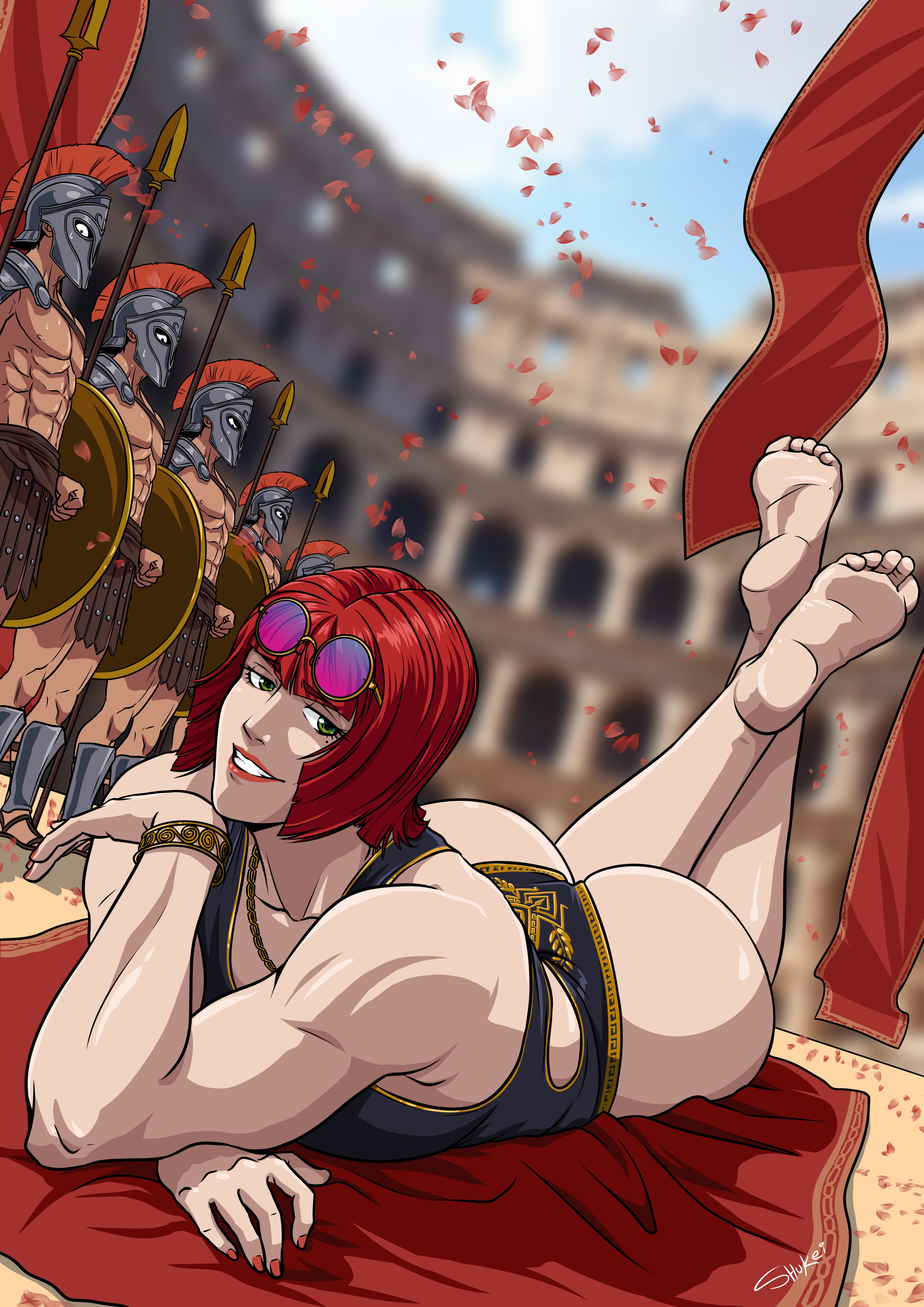 1girls, armor, ass, barefoot, big ass, capcom, feet, female, female focus, glasses, glasses on head, laying down, laying on stomach, light skin, light-skinned female, lying, lying on stomach, male, marisa rossetti, multiple boys, muscular, muscular female, red hair, shukeiart, smile, smiling, solo focus, spear, spears, street fighter, street fighter 6, sunglasses, sunglasses on head