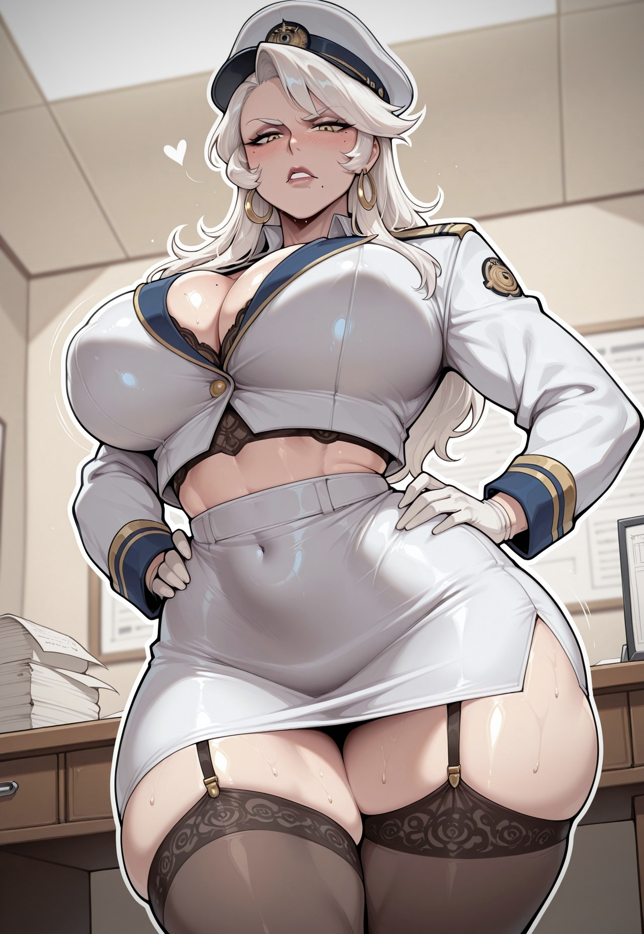 ai generated, angry expression, asura's wrath, bare thighs, breasts, earrings, female, garter belt, gigantic breasts, goddess, huge breasts, huge thighs, light skin, light-skinned female, long hair, looking down, low-angle view, massive breasts, mature female, milf, oiled body, oiled skin, olga (asura's wrath), solo female, squatting, sweat, sweatdrop, thick body, thick female, thick thighs, thighs, voluptuous, voluptuous female, white hair, yashugai, yellow eyes
