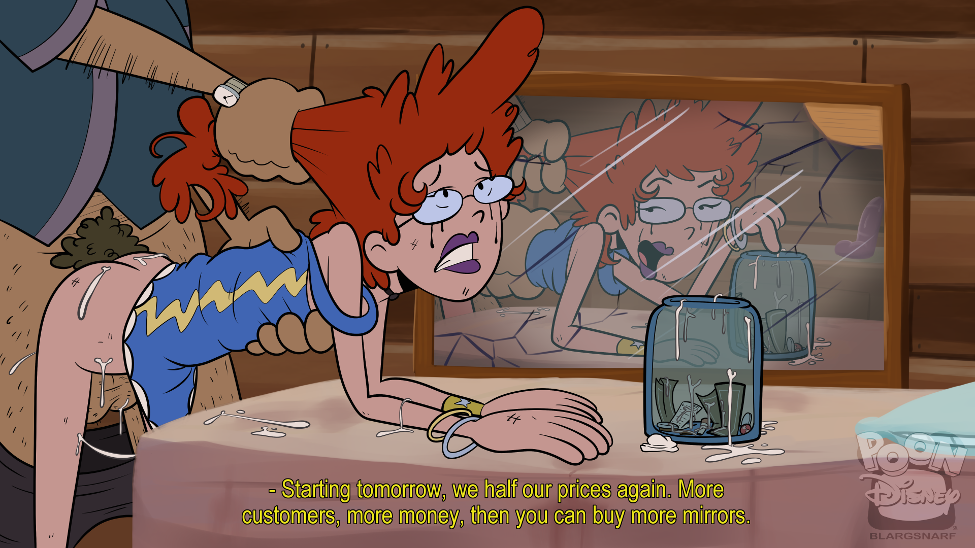 1boy, accurate art style, anal, blargsnarf, butt, cum in ass, cum inside, doggy style, dress, female, glasses, hair pull, male, male pubic hair, mirror, nopan, on model, pepper ann, pepper ann pearson, prostitution, purple lipstick, red hair, running mascara, semen, semen on ass, straight, toon disney