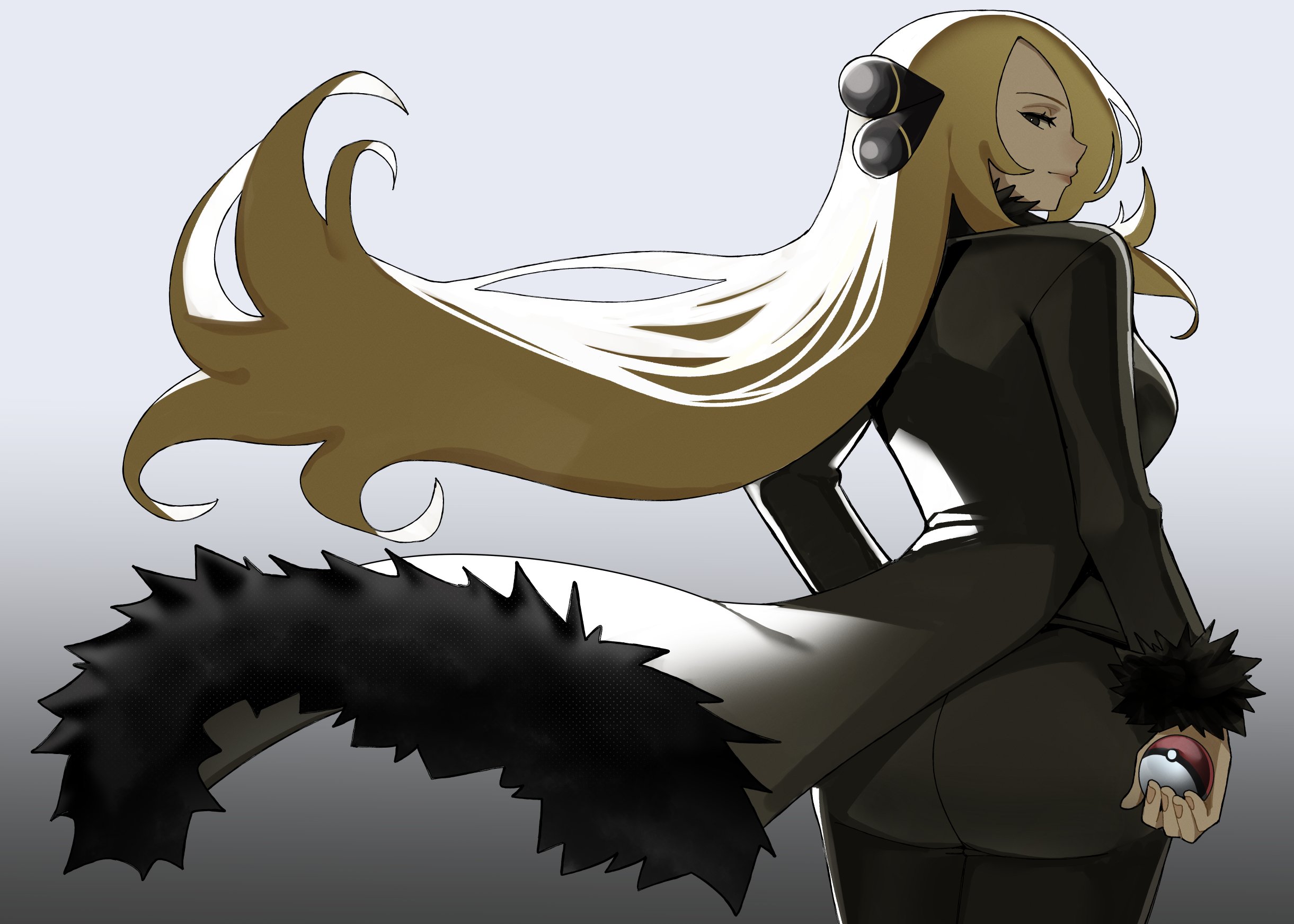 1girls, 2025, 2d, 2d (artwork), ass, black coat, black pants, blonde hair, breasts, ceroccb, clothed, clothed female, coat, cynthia (pokemon), female, female only, fur collar, fur trim, fur-trimmed coat, fur-trimmed sleeves, grey background, grey eyes, hair ornament, hair over one eye, hand on own hip, highres, holding, holding poke ball, human, human only, long coat, long hair, long sleeves, looking at viewer, looking back, medium breasts, nintendo, pants, poke ball, poke ball (basic), pokemon, pokemon dppt, questionable, sfw, silver background, simple background, solo, solo female, very long hair
