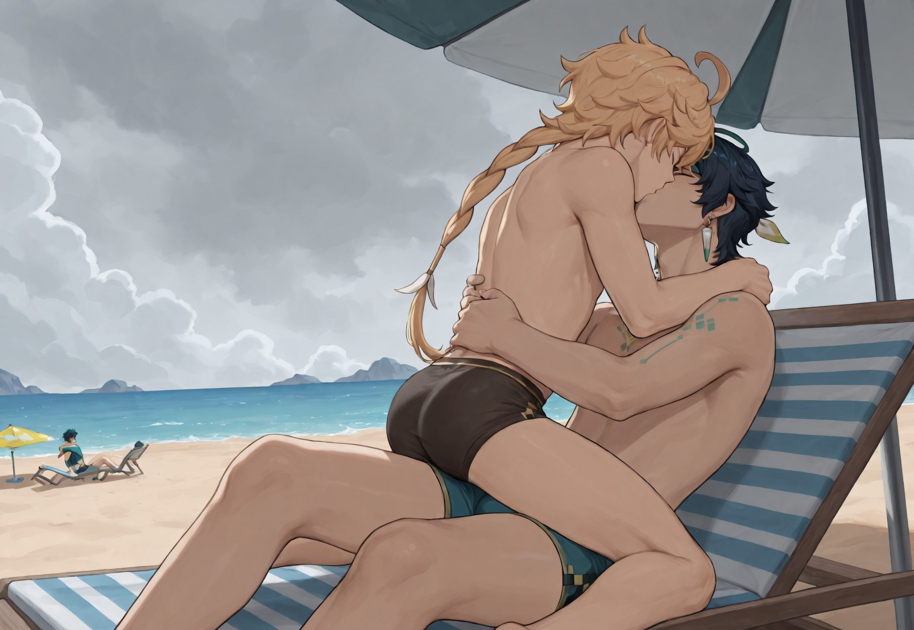 2025, 2boys, aether (genshin impact), ai generated, alternate version available, ass, balls, beach, beach sex, blonde hair, braid, clouds, cloudy, cloudy sky, femboy, gay, genshin impact, kazu ro, kinich (genshin impact), kissing, male, male only, outdoor sex, outdoors, outside, outside sex, seaside, sex, testicles, thighs, twink, yaoi