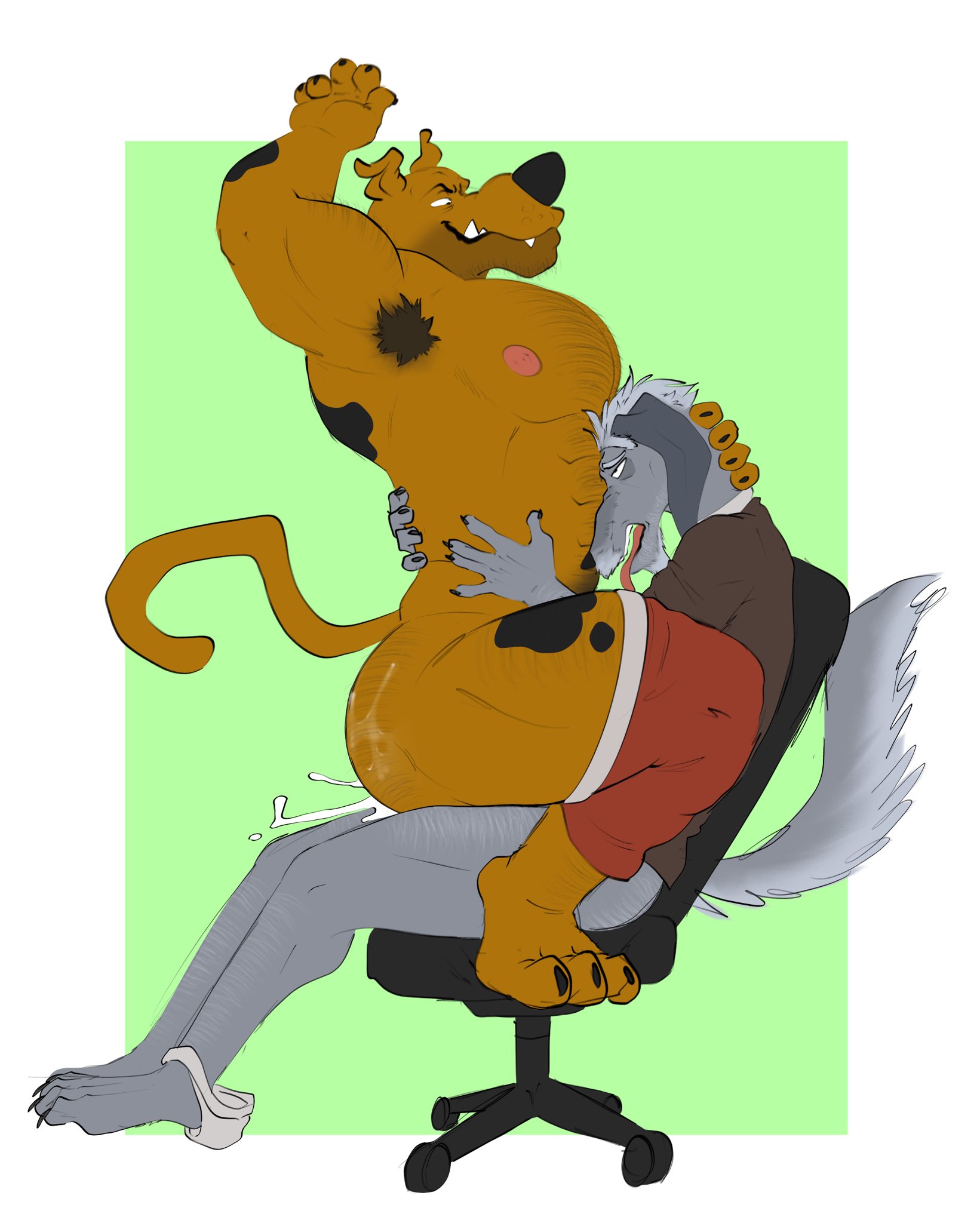2boys, anal, anal sex, anthro, anthro on anthro, armpit, armpit hair, arms up, biceps, brown fur, canid, canine, canis, chair, clothing, domestic dog, doost, duo, ejaculation, fur, furry, furry male, furry only, gay, gay sex, great dane, grey fur, hand on head, hands on sides, irish wolfhound, looking down, looking down at another, male, male nipples, male/male, mammal, mature, mature anthro, mature male, mostly nude, mostly nude male, muscles, muscular, muscular anthro, muscular male, nipples, open mouth, penis, penis in anus, scooby-doo, scooby-doo (character), sex, shirt, sitting, sitting on chair, tail, thick thighs, tongue, tongue out