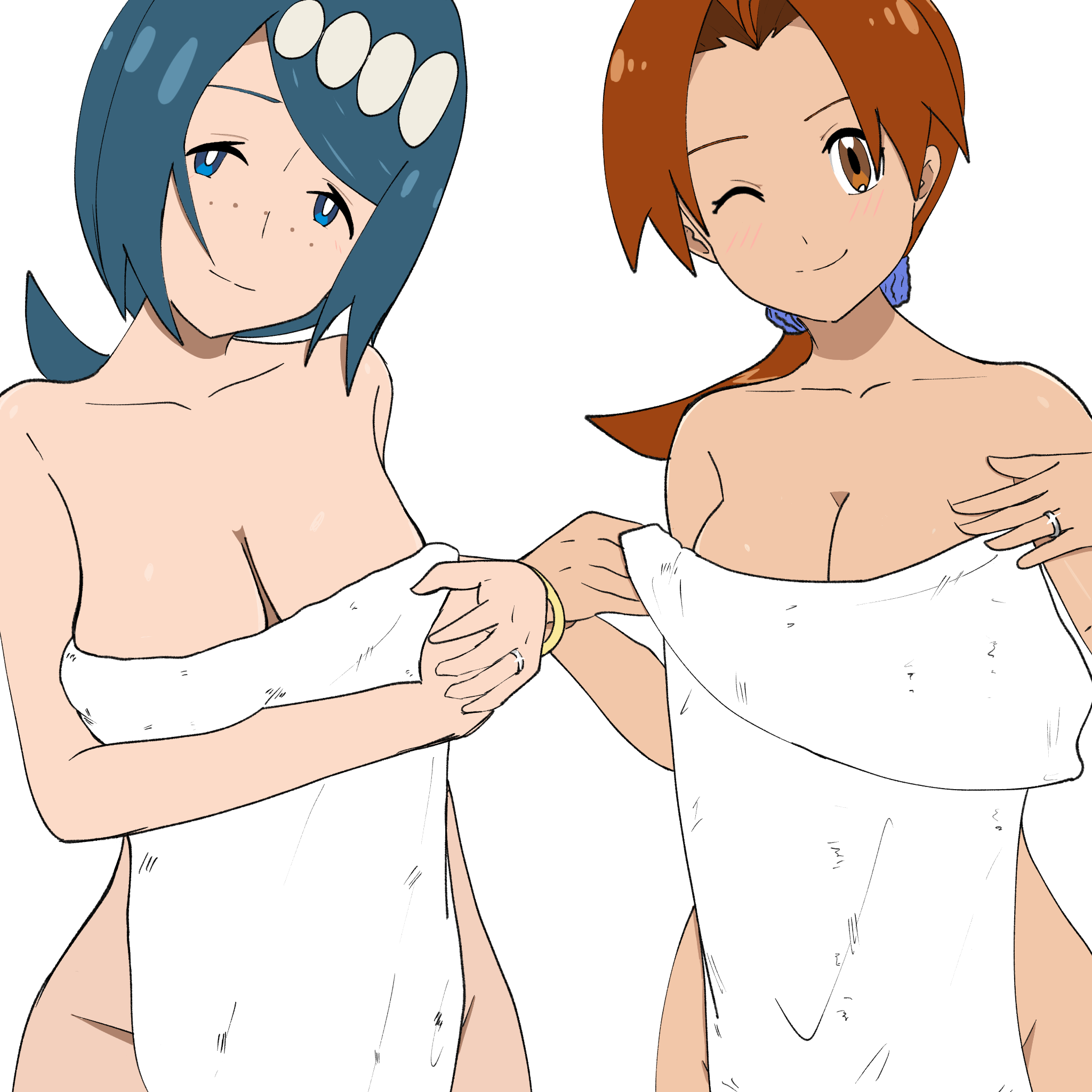 2girls, armwear, big breasts, blue eyes, blue hair, blush, bracelet, breasts, brown eyes, brown hair, cleavage, delia ketchum (pokemon), female, female only, game freak, handwear, lana's mother (pokemon), mature, mature female, milf, mother, multiple females, multiple girls, one eye closed, pokemon, pokemon (anime), pokemon sm, ponytail, randerzero, ring, short hair, smile, towel, towel only, wedding ring, wink