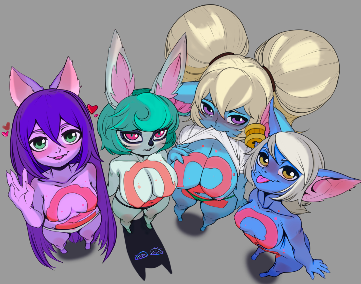 bodypaint, league of legends, lulu the fae sorceress, onisase, poppy, shadow (lol), tristana, troppart, vex (league of legends), yordle