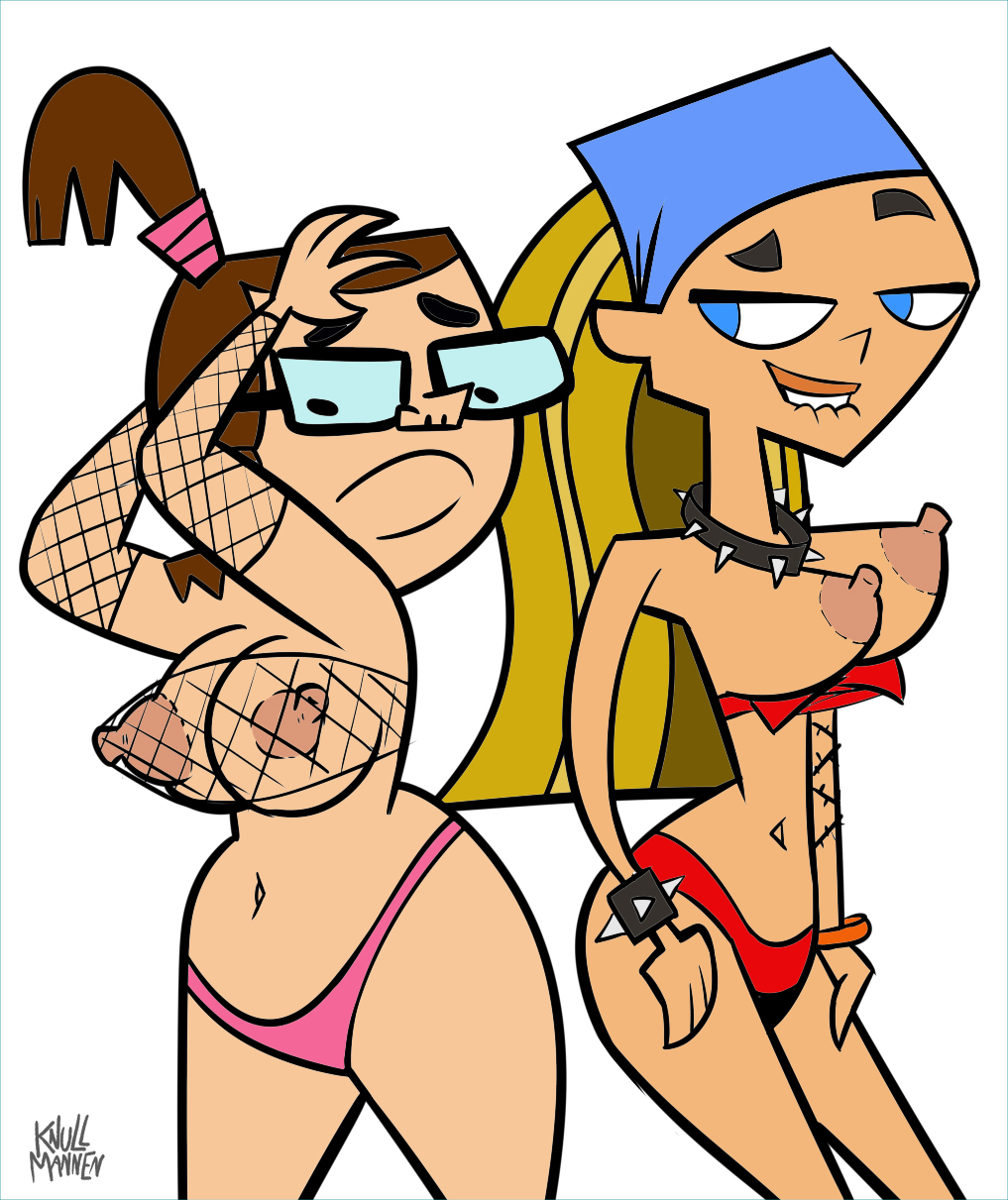 2d, 2girls, bandana, beth (tdi), biting lip, blonde hair, breasts, brown hair, busty, checking out, choker, collar, color, colored, edit, female, female only, fishnets, glasses, hourglass figure, human, human only, knullmannen, knullmannen (artist), lindsay (tdi), line art, lingerie, multiple females, multiple girls, nipples, skimpy, skimpy clothes, spiked collar, total drama island, white background, wide hips, wrist cuffs