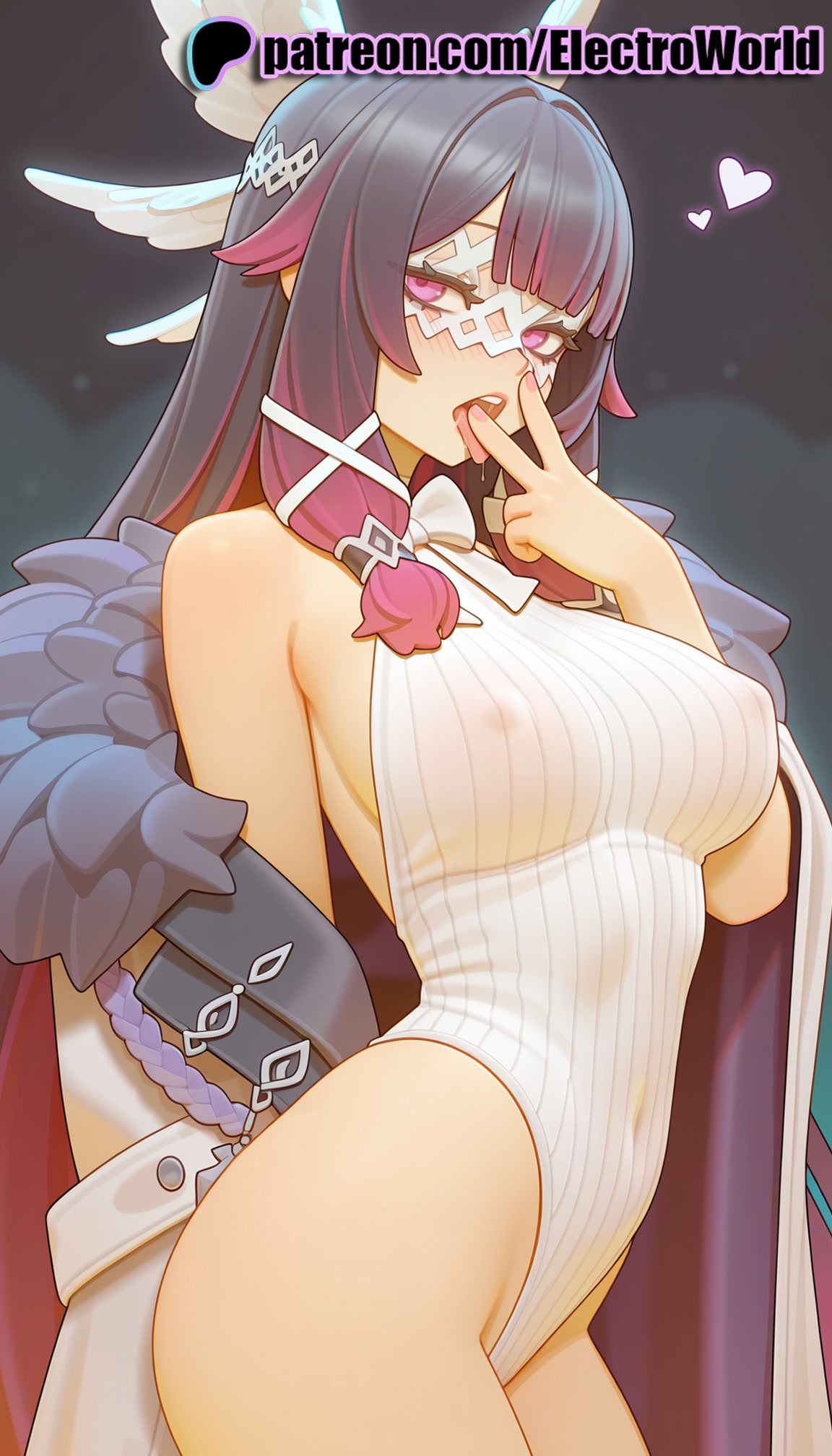 1girls, 2025, ai generated, angel, angel wings, artist name, breasts, bust, chest, columbina (genshin impact), electroworld, feathered wings, female, genshin impact, halo, harpy, hi res, high quality, high resolution, highres, hoyoverse, leotard, long hair, patreon, patreon username, solo, stable diffusion, tongue, tongue out, watermark, white leotard, white wings, winged arms, wings