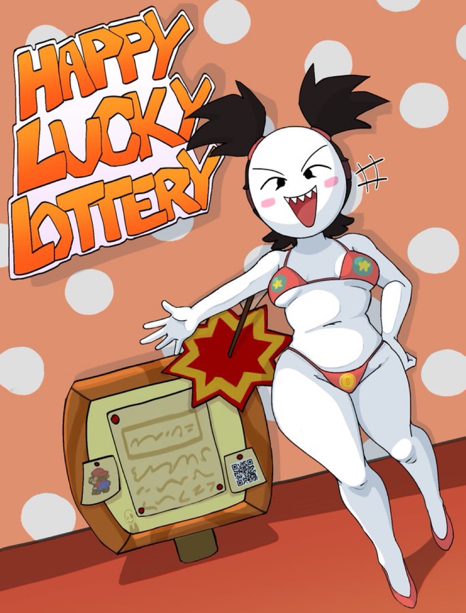 bandit (mario), bikini, boobs, breasts, female, gaster, genocityzone, heels, mario, mario (series), mask, nintendo, qr code, sadie (genocityzone), tagme