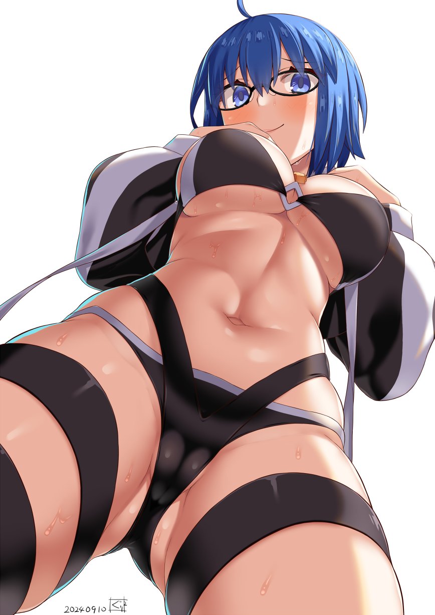 1girls, ahoge, bikini, black bikini, blue eyes, blue hair, blush, breasts, c.i.e.l (fate), cameltoe, ciel (tsukihime), closed mouth, fate (series), fate/grand order, female, female only, from below, glasses, gluteal fold, guriguri (arayotto4351), hair between eyes, highres, jacket, large breasts, long sleeves, mysterious executor c.i.e.l (fate), navel, open clothes, open jacket, revealing clothes, short hair, simple background, skimpy clothes, smile, stomach, sweat, swimsuit, thigh strap, thighs, tsukihime, tsukihime (remake), underboob, variant set, white background