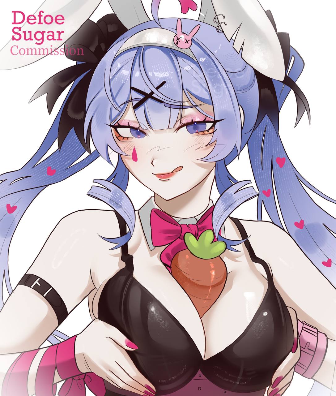 :q, 1girl, 1girls, 2d, 2d (artwork), 2d artwork, ahoge, animal ears, arm belt, arm strap, artist logo, artist name, bangs, between breasts, big breasts, black bow, black bra, black eyelashes, blue eyebrows, blue eyes, blue hair, blue-eyed female, blue-haired female, blush, bow, bowtie, bra, breasts, breasts squeezed together, bunny ears, carrot, cleavage, commission, commission art, defoesugar, detached collar, eyebrows, eyelashes, eyes, eyeshadow, fake animal ears, female, female focus, female only, hair bow, hair ornament, hairband, hat, hatsune miku, heart, hearts in hair, jpg, large breasts, light skin, light-skinned female, lips, long hair, long-haired female, looking at viewer, makeup, nurse cap, pierced ears, piercings, pink bow, pink bowtie, pink eyeshadow, pink nails, playboy bunny, rabbit ears, rabbit hole (vocaloid), red bow, red nail polish, red nails, sexually suggestive, simple background, smile, solo, solo female, solo focus, tongue, tongue out, twintails, upper body, virtual youtuber, vocaloid, white background, white hairband, x hair ornament