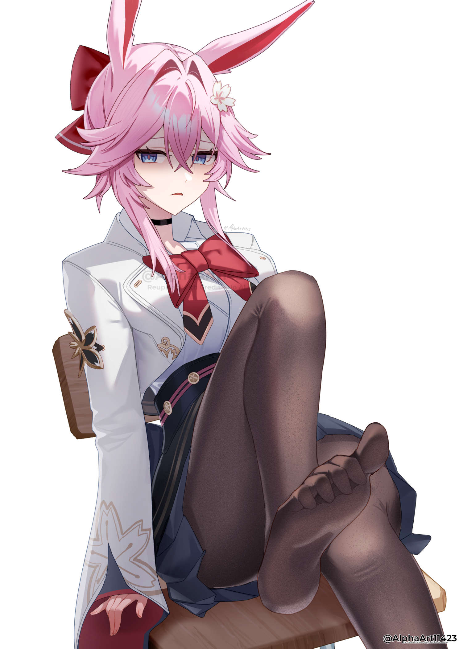 1girls, alphaart, animal ears, blue eyes, brown pantyhose, disgusted, evanescia (honkai: star rail), feet, female, foot fetish, foot focus, fox ears, honkai (series), honkai: star rail, hoyoverse, long hair, looking at viewer, mihoyo, no shoes, paid reward available, pantyhose, pink hair, school uniform, schoolgirl, sitting