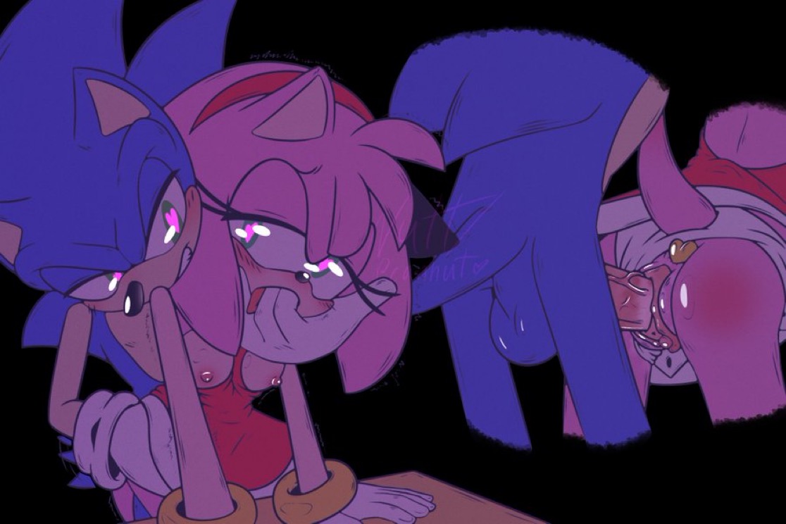 1boy, 1girls, amy rose, anthro, anthro on anthro, areolae, artist request, ass, balls, breasts, breasts out, buttplug, female, fingers in mouth, from behind, green eyes, heart-shaped pupils, looking at partner, male, nipples, panties aside, partially clothed, penis, pussy, skirt up, sonic (series), sonic the hedgehog, sonic the hedgehog (series), tail, testicles