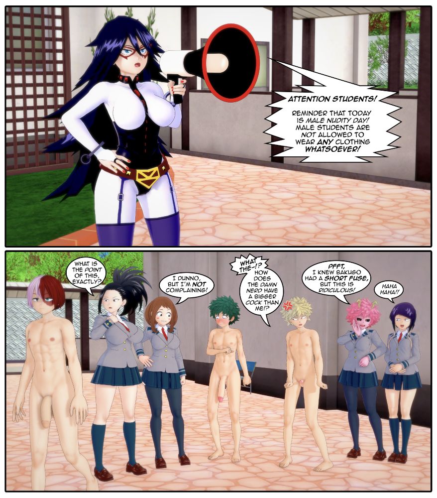 3boys, 3d, 5girls, abs, anger vein, ashido mina, bakugou katsuki, balls, big penis, black hair, blonde-haired male, brown hair, clothed female nude male, comic, english text, exhibitionism, female, flaccid, green hair, izuku midoriya, jirou kyouka, katsuki bakugou, kayama nemuri, koikatsu, kyoka jiro, male, midnight (my hero academia), midoriya izuku, mina ashido, misunderstoodsecrets, momo yaoyorozu, multiple boys, multiple females, multiple girls, multiple males, my hero academia, nemuri kayama, nude, nude male, ochako uraraka, penis, pink body, pink hair, purple hair, purple-haired female, red hair, red hair male, scar on face, school uniform, schoolgirl, septenmber, septenmber (2025), shouto todoroki, small penis, small penis humiliation, text, tights, todoroki shouto, two-tone hair, u.a. school uniform, uraraka ochako, white hair, white hair male, yaoyorozu momo