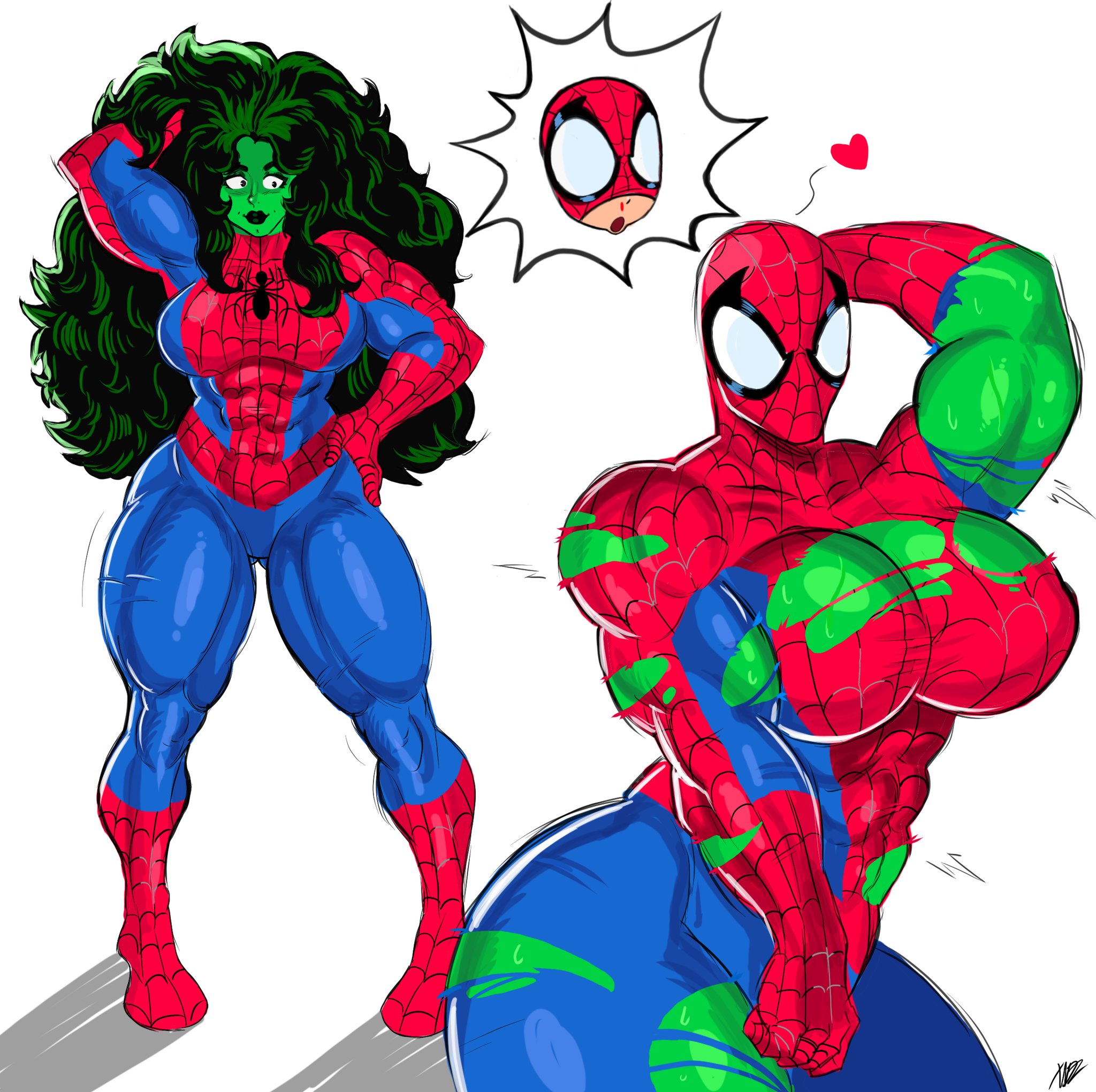 1boy, 1boy1girl, 1girls, ass bigger than head, big ass, big breasts, big thighs, breasts, bursting out of clothing, curvaceous, curvy, curvy figure, digital media (artwork), female, green body, green hair, green skin, green-skinned female, hips, hourglass figure, huge ass, huge breasts, huge thighs, hulk (series), jennifer walters, large ass, large breasts, large thighs, legs, male, male/female, marvel, marvel comics, mature, mature female, peter parker, she-hulk, slim waist, spider-man, spider-man (series), straight, tall, tall female, thick, thick hips, thick legs, thick thighs, thighs, thighs bigger than head, voluptuous, waist, wide hips, wide thighs, xanman art
