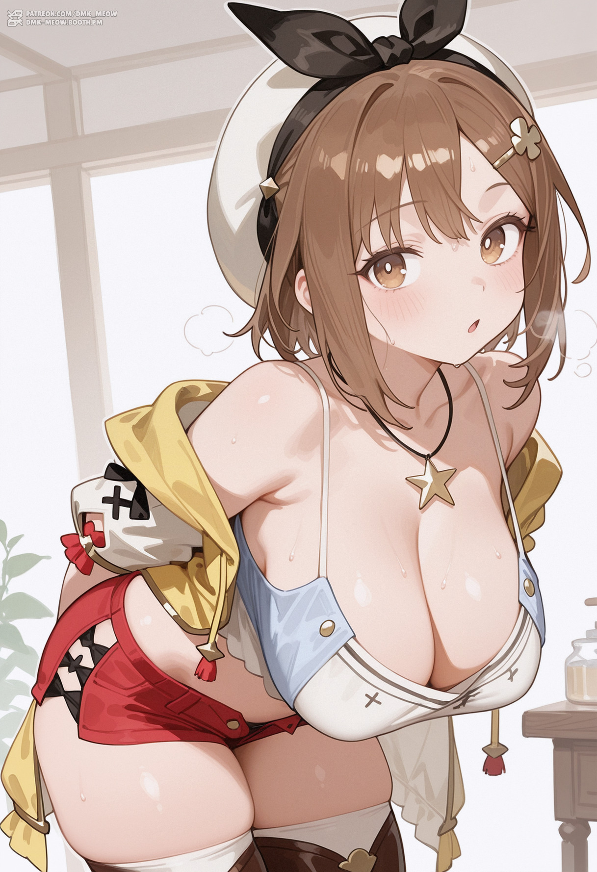 ai generated, arms behind back, atelier (series), atelier ryza, atelier ryza 1, bare shoulders, bent over, beret, black hairband, black ribbon, blush, boots, breasts, bright pupils, brown eyes, brown hair, brown thighhighs, camisole, cleavage, clothing, collarbone, dmk meow, female, hair ornament, hairclip, hanging breasts, hat, headwear, jacket, jewelry, large breasts, leaning forward, legwear, looking at viewer, navel, necklace, off shoulder, open clothes, open jacket, open mouth, parted lips, red shorts, reisalin stout, short hair, short shorts, shorts, skindentation, solo, spaghetti strap, star (symbol), star necklace, strap gap, sweat, thick thighs, thigh boots, thighhighs, thighhighs under boots, thighs, white camisole, white headwear, white pupils, white thighhighs, yellow jacket, yellow vest