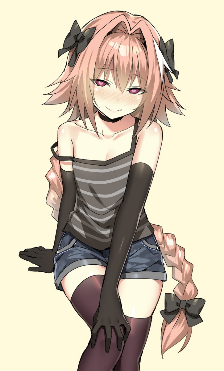 1boy, astolfo (fate), astolfo (fate/apocrypha), astolfo (saber) (fate), astolfo (sailor paladin) (fate), black choker, black gloves, blush, choker, effeminate, fate (series), fate/apocrypha, fate/grand order, fate/stay night, femboy, femboy only, heart, heart eyes, heart symbol, heart-shaped pupils, looking at viewer, male, male only, pink eyes, pink hair, sky-freedom, socks