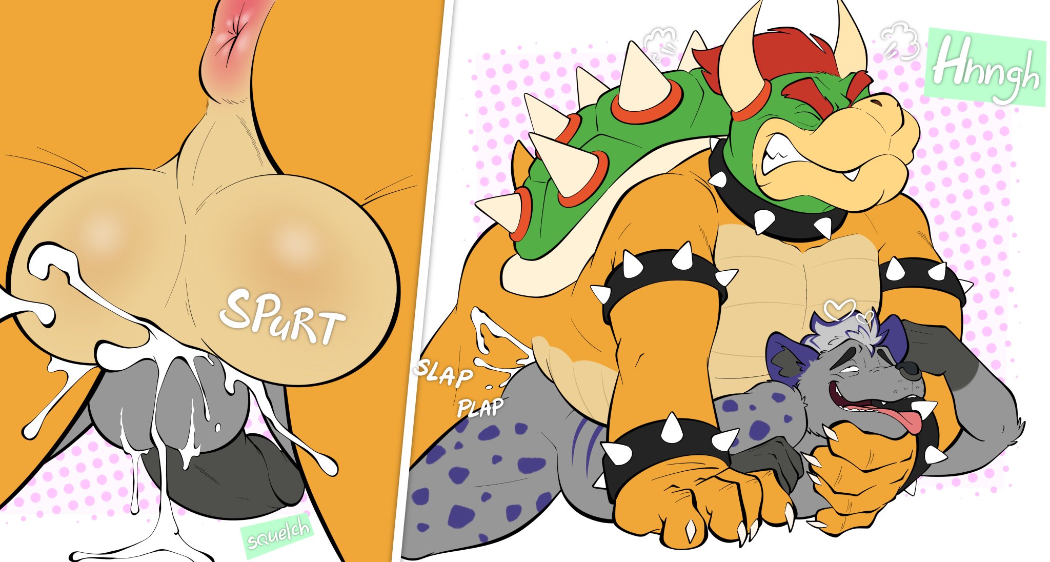 2boys, anal, anal sex, anthro, anthro on anthro, anus, balls, bodily fluids, bowser, bracelet, claws, closed eyes, collar, doggy style, doost, duo, ejaculation, eyes closed, furry, furry male, furry only, gay, gay sex, genitals, hair, hand on neck, horns, hyena, interspecies, king, koopa, larger male, lying on stomach, male, male/male, mammal, mario (series), mature, mature anthro, mature male, nintendo, open mouth, penis, penis in anus, red hair, reptile, royalty, scalie, sex, shell, size difference, smaller male, spiked shell, spikes, spikes (anatomy), spots, spotted hyena, stripes, tail, tentacle, tongue, tongue out, turtle, yellow skin