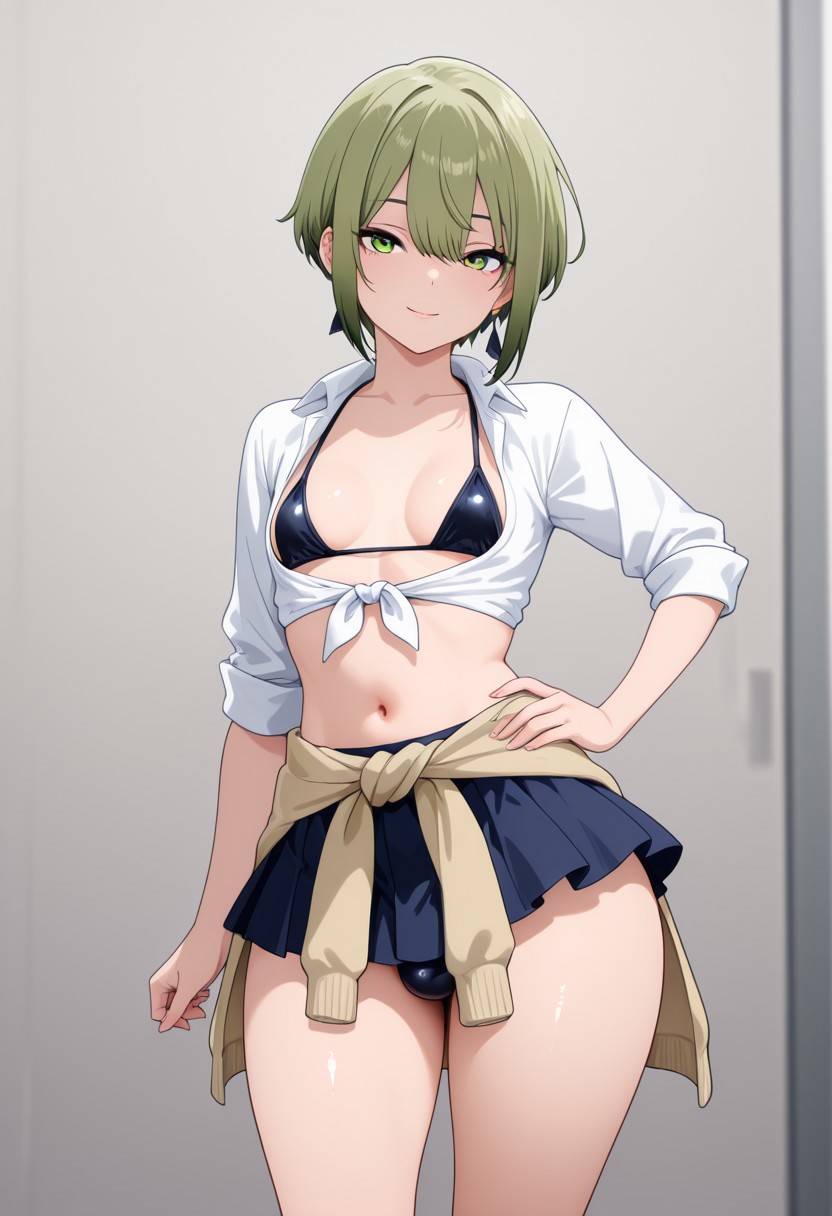 2025, ai generated, alternate version available, belly, bikini, bikini bottom, bikini top, black bikini, black bikini bottom, black bikini top, blush, breasts, bulge, civitai, crossdressing, elan ceres, femboy, feminine male, girly, gnjy, green eyes, green hair, gundam, gundam suisei no majo, hand on hip, hand on own hip, indoors, looking at viewer, male, male with breasts, man boobs, man breasts, navel, pectorals, skirt, standing, thighs, top, topwear, trap, white top, white topwear
