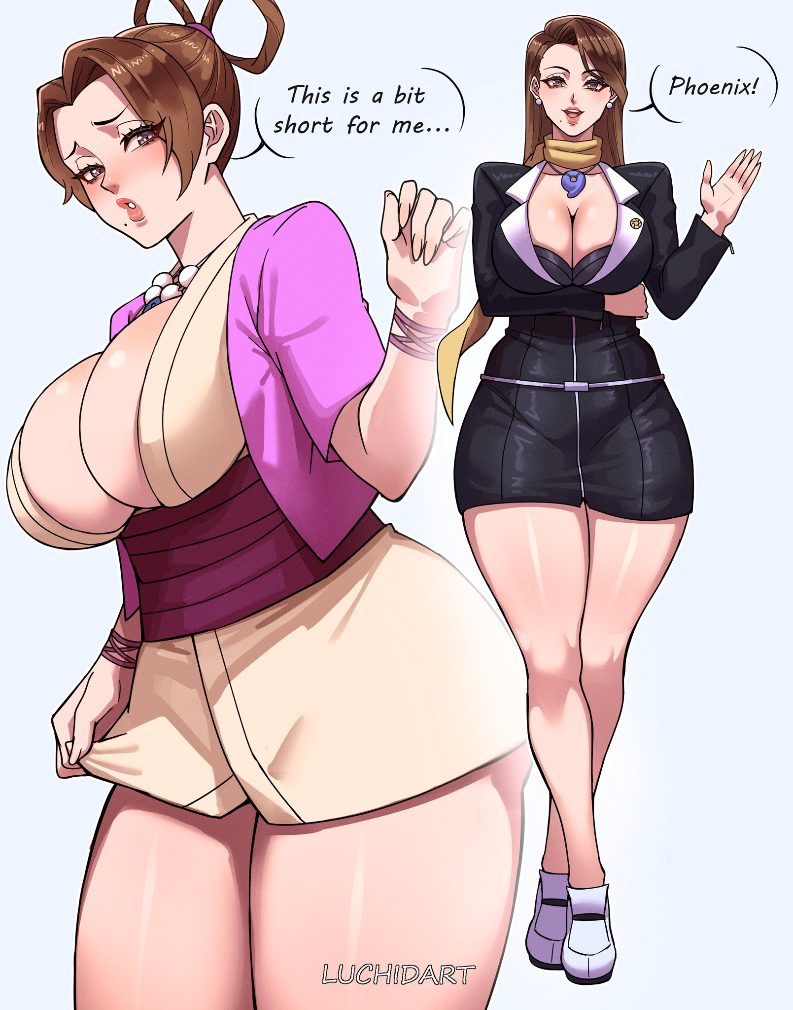 1girls, big breasts, breasts, brown eyes, brown hair, cleavage, earrings, english text, female, female only, gyakuten saiban, huge breasts, jewelry, lips, lipstick, long hair, looking at viewer, luchidart, mature, mia fey, pearl fey, skirt, suit, tagme, text, thick thighs, thighs