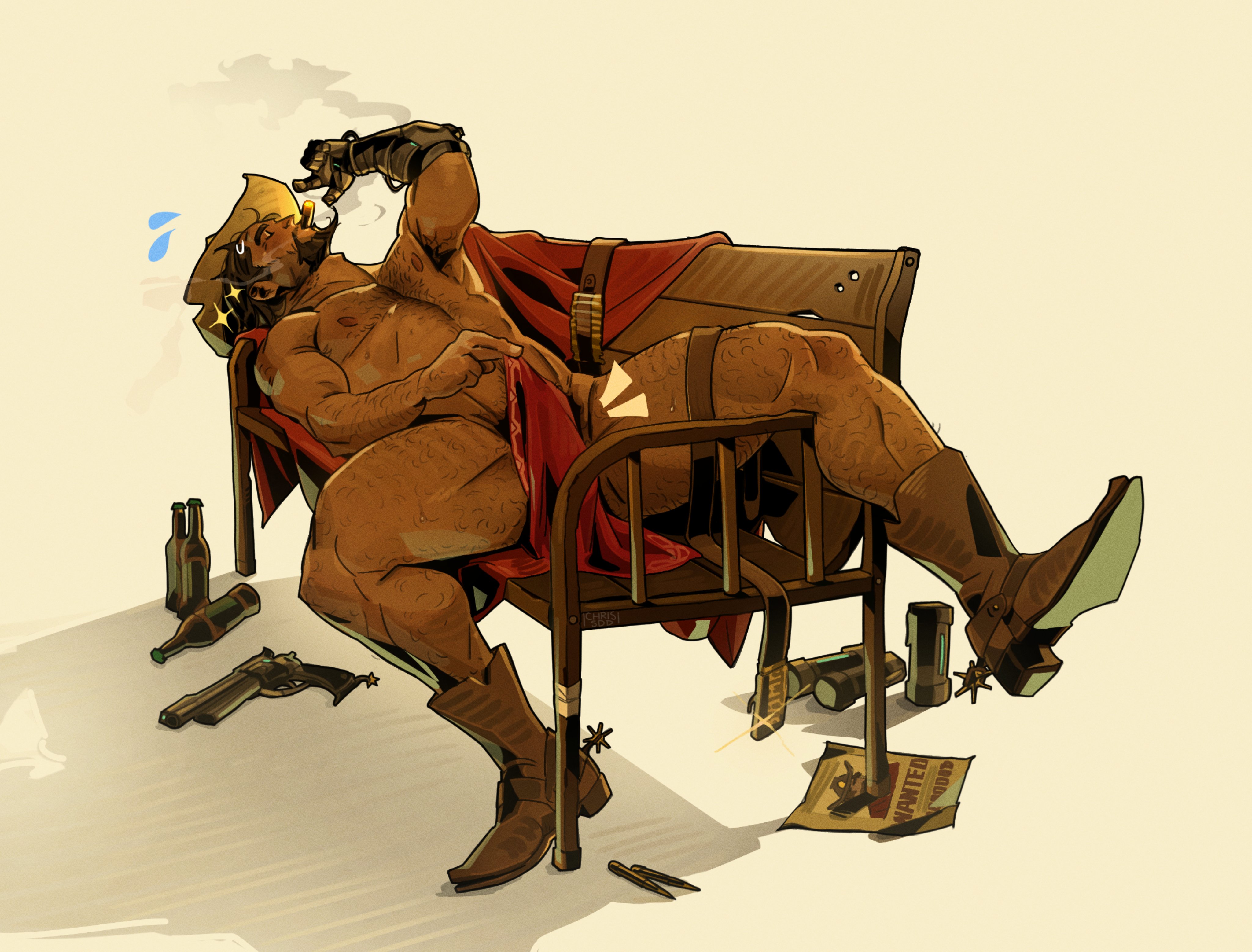 abs, activision, almost naked, armpit, armpit hair, bara, beard, biceps, blizzard entertainment, brown hair, bulge, bullets, chris sdd, cigar, cigar smoke, cigarette in mouth, cole cassidy, covering crotch, cowboy boots, cowboy hat, daddy, dilf, flashbang, lying on back, male, male nipples, male only, manly, mature male, muscular, muscular male, nipples, on bench, overwatch, overwatch 2, pecs, prosthetic, prosthetic arm, simple background, smoking, solid color background, spread legs, sweatdrop (iconography), thick thighs, wanted poster, weapon on floor