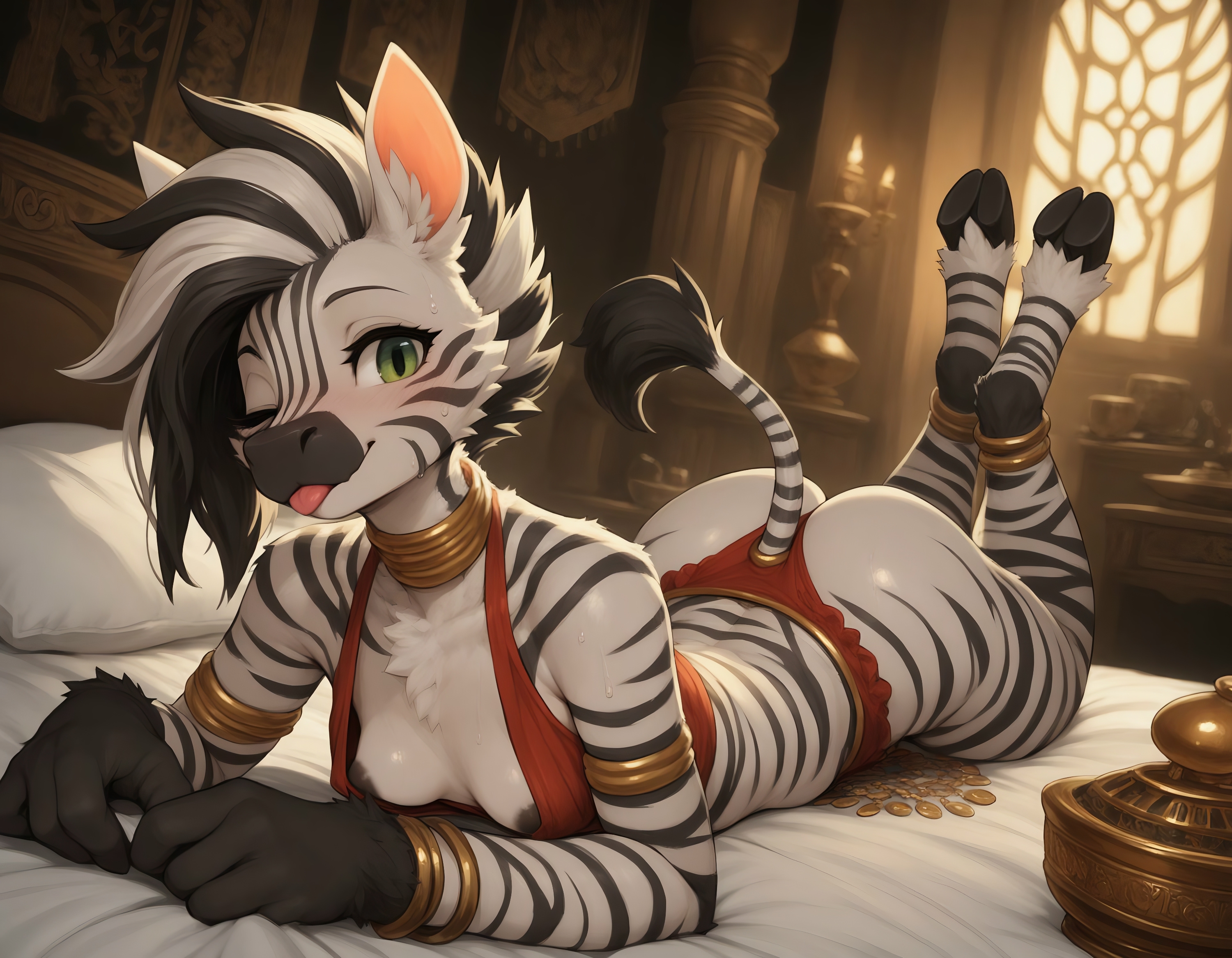 1anthro, 1girls, ai generated, anthro, anthro female, ass, belly, belly dancer, belly dancer outfit, big ass, breasts, breasts visible through clothing, come hither, cute, cute expression, cute eyes, cute face, eager, female, female focus, female only, fluffy, fluffy fur, fluffy hair, fluffy tail, gold jewelry, harem outfit, hooves, horse, invitation, inviting, inviting to sex, inviting viewer, jewelry, laying down, laying on bed, laying on stomach, looking at viewer, nip slip, nipple peek, nipple slip, nipslip, revealing, revealing clothes, small breasts, smile, smiling, smiling at viewer, smug, smug expression, smug face, solo, solo focus, suggestive, suggestive look, suggestive pose, tail tuft, tailwag, teasing, teasing viewer, thick thighs, tongue, tongue out, wink, winking, winking at viewer, winking eye, zebra, zebra girl, zebra print, zebra stripes
