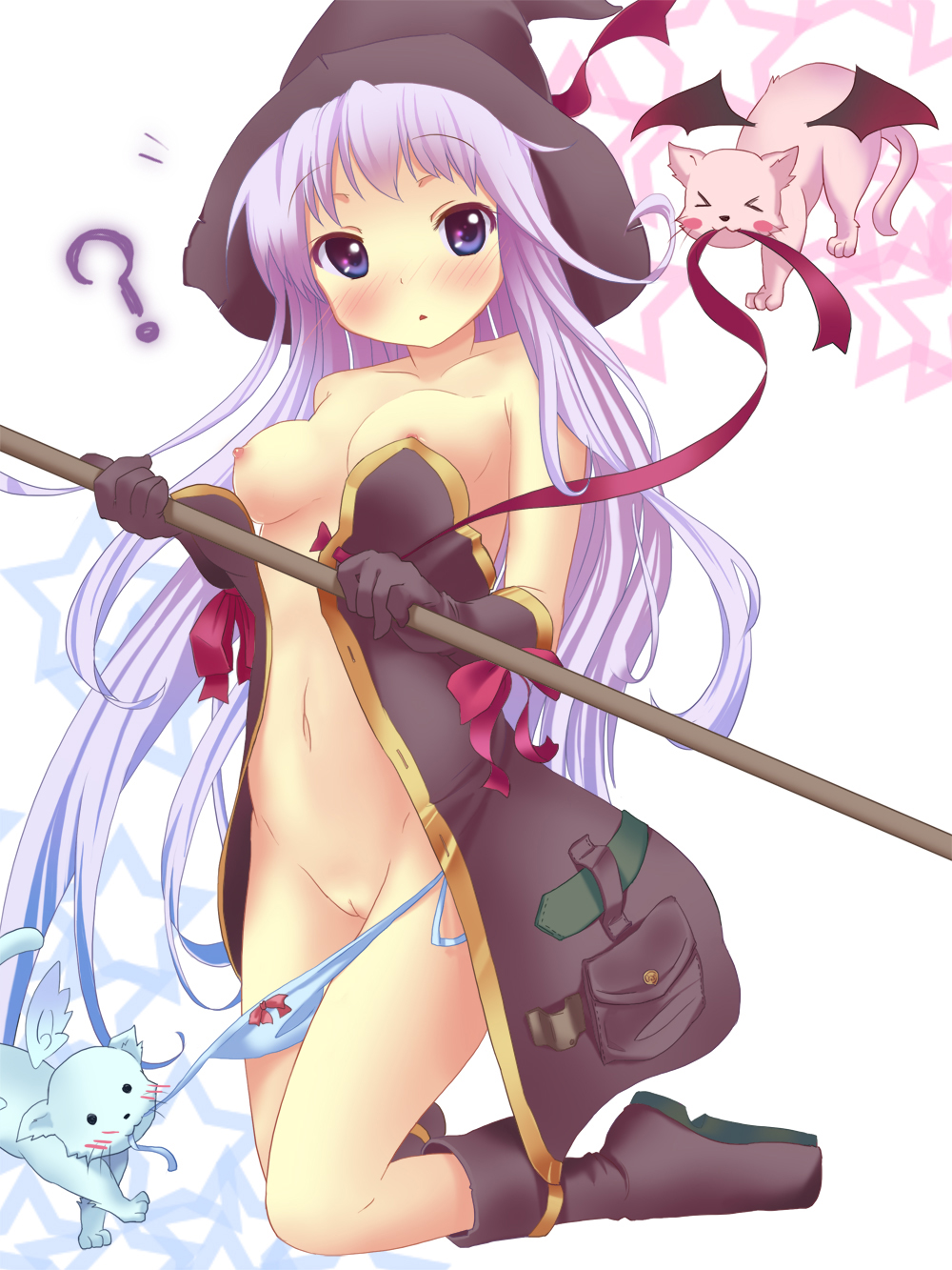 >_< ? anyannko bare_shoulders blue_eyes blush boots bow_panties breasts collarbone familiar feline female gloves hat highres kneeling lavender_hair long_hair looking_at_viewer navel nipples no_bra original panties panty_pull purple_eyes pussy small_breasts solo staff star uncensored underwear very_long_hair wardrobe_malfunction white_background witch witch_hat