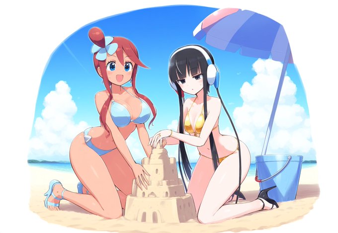 2024 2girls ai_generated arms bangs beach belly_button bikini black_hair black_hair_female blue_eyes bracelet bucket clothed clothed_female clothing cloud elesa_(pokemon) elesa_(pokemon_bw2) female female_only fingers gym_leader hair_tie happy headgear headwear high_heels hips kneeling legs lesbian_couple long_legs navel no_sex open_mouth outdoors pale-skinned_female pale_skin parasol pokemon pokemon_bw pokemon_bw2 red_hair red_hair_female sand sandals sandcastle sea seaside shadow short_hair sky skyla_(pokemon) smile tan_skin tan_skinned_female thighs toes wide_hips yuri