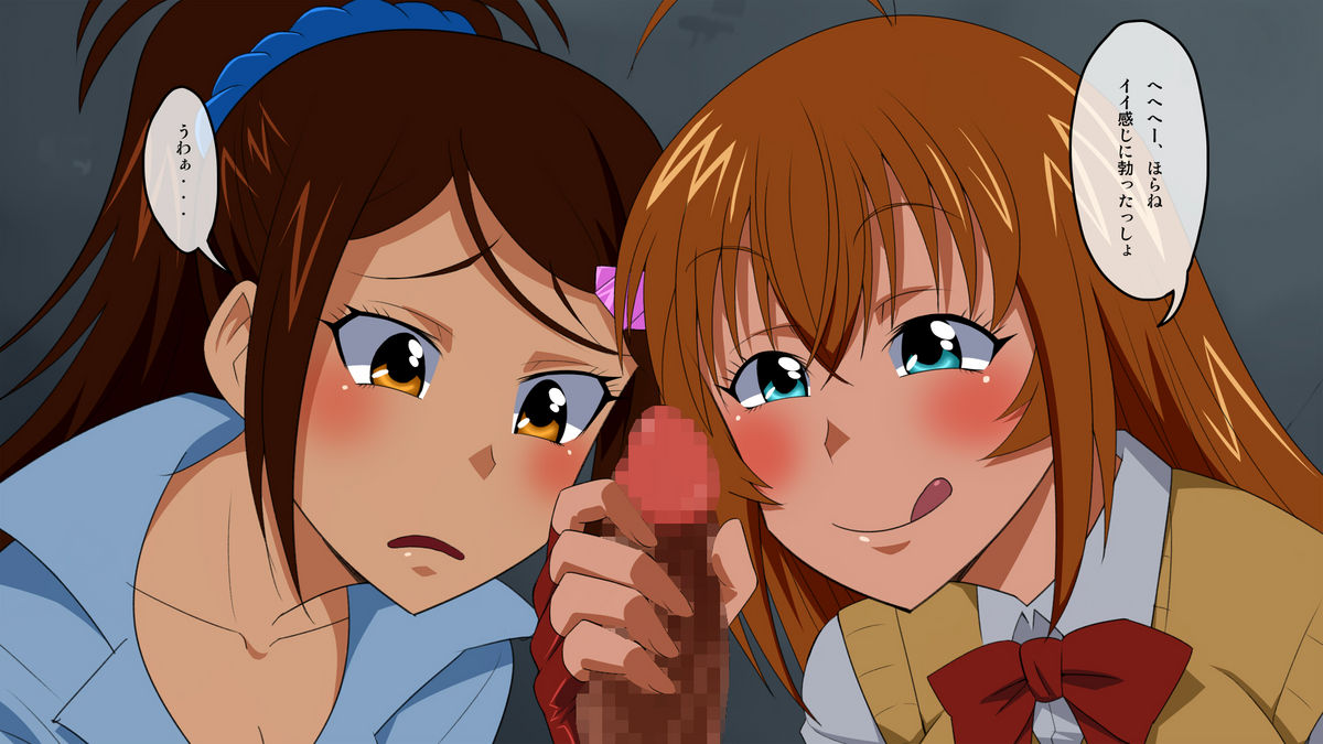 2girls antenna_hair bachou_mouki blush brown_eyes brown_hair censored fingerless_gloves gloves green_eyes hair_ornament handjob ikkitousen multiple_girls sonsaku_hakufu very_long_hair