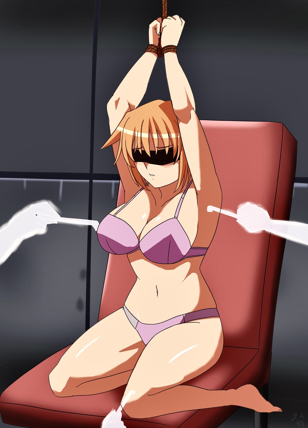 1girls armpit_tickling armpits arms_up backscratcher black_blindfold blindfold blonde_hair bondage bound bound_arms bound_wrists bra molestation panties pink_bikini pink_bra pink_panties poking restrained seikon_no_qwaser swimsuit teasing teresa_beria tickle_torture tickling tickling_armpits underwear underwear_only