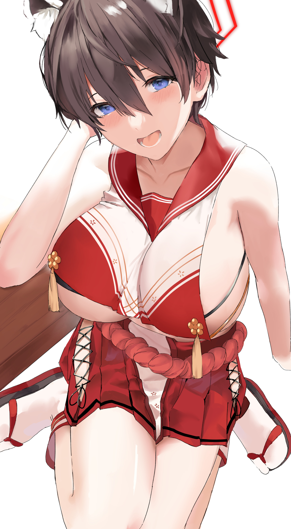 1girls animal_ears artist_request bare_shoulders bikini bikini_under_clothes black_hair blue_archive blurry blush breast_curtain breasts collarbone curvy detached_sleeves erisartwork extra_ears female hair_between_eyes highres huge_ huge_breasts japanese_clothes large_breasts pleated_skirt red_sailor_collar red_skirt revealing_clothes sailor_collar serafuku short_hair sideboob solo swimsuit tassel thick_thighs thighs tsubaki_(blue_archive) underboob