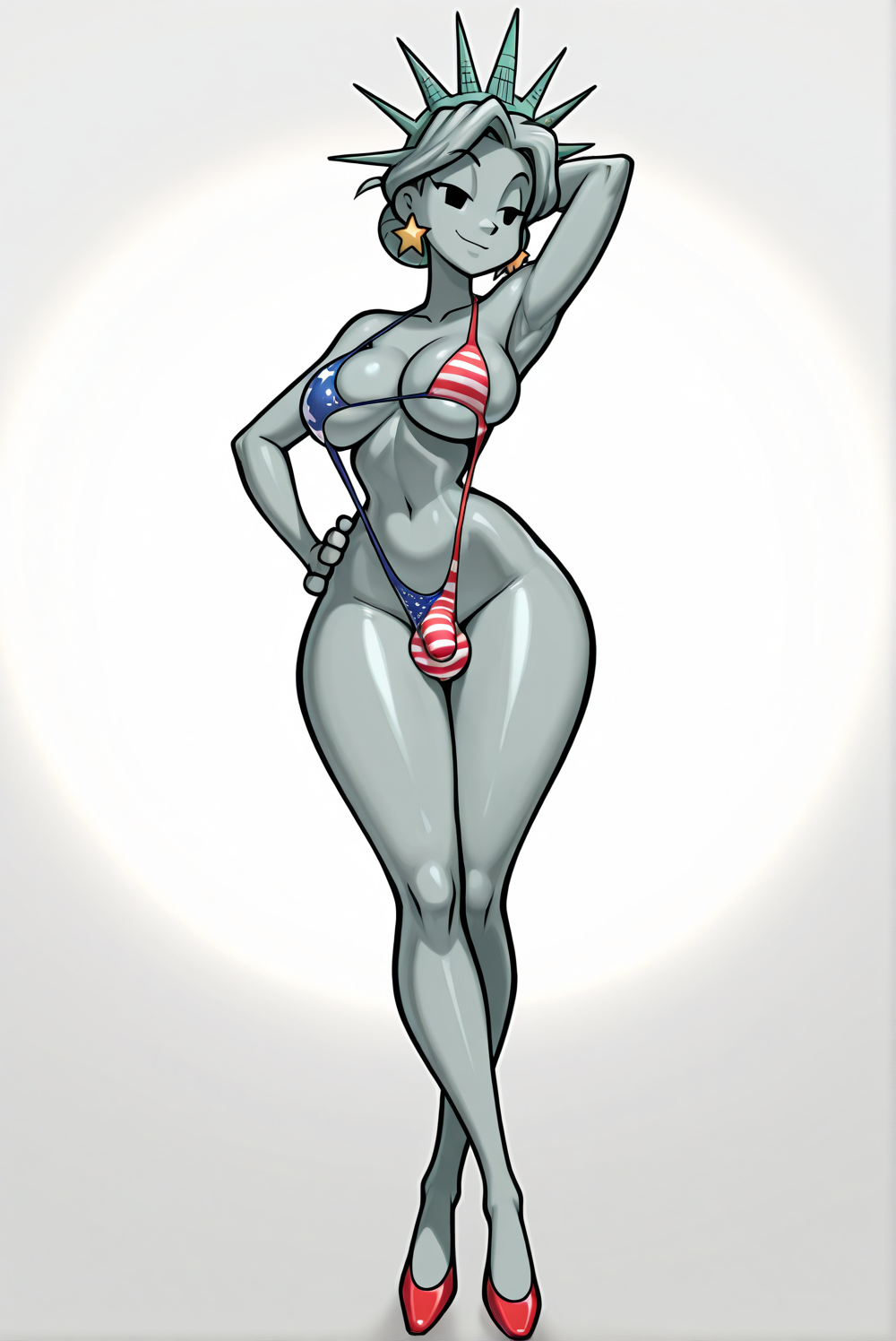 1futa 1girls ai_generated american_flag_bikini armpit bikini breasts bulge colored_skin crossed_ankles female futanari gradient_background grey_background hand_behind_head hand_on_hip high_heels jimojo lady_liberty legs_together narrow_waist navel no_sclera red_shoes shiny_skin skindentation slim_waist sling_bikini slingshot_bikini slingshot_swimsuit small_waist solo solo_futa stable_diffusion star_earrings statue_of_liberty toon_(style) toony white_background wide_hips