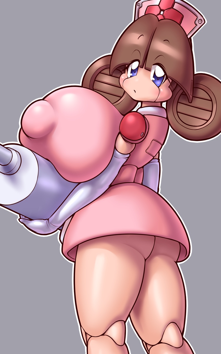 ass blue_eyes brown_hair clothed clothing female female_focus female_only higuma huge_breasts humanoid_robot light-skinned_female light_skin looking_back meddy nipples nude nurse_cap nurse_uniform robopon robot_girl tagme voluptuous wide_hips