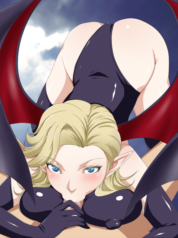 1girls :>= ass blonde_hair blue_eyes blush breasts busty demon demon_girl demon_wings erect_nipples fellatio female human latex megami_tensei nipples oral pale_skin pointy_ears shin_megami_tensei succubus succubus_(megami_tensei) uk-violet voluptuous wings