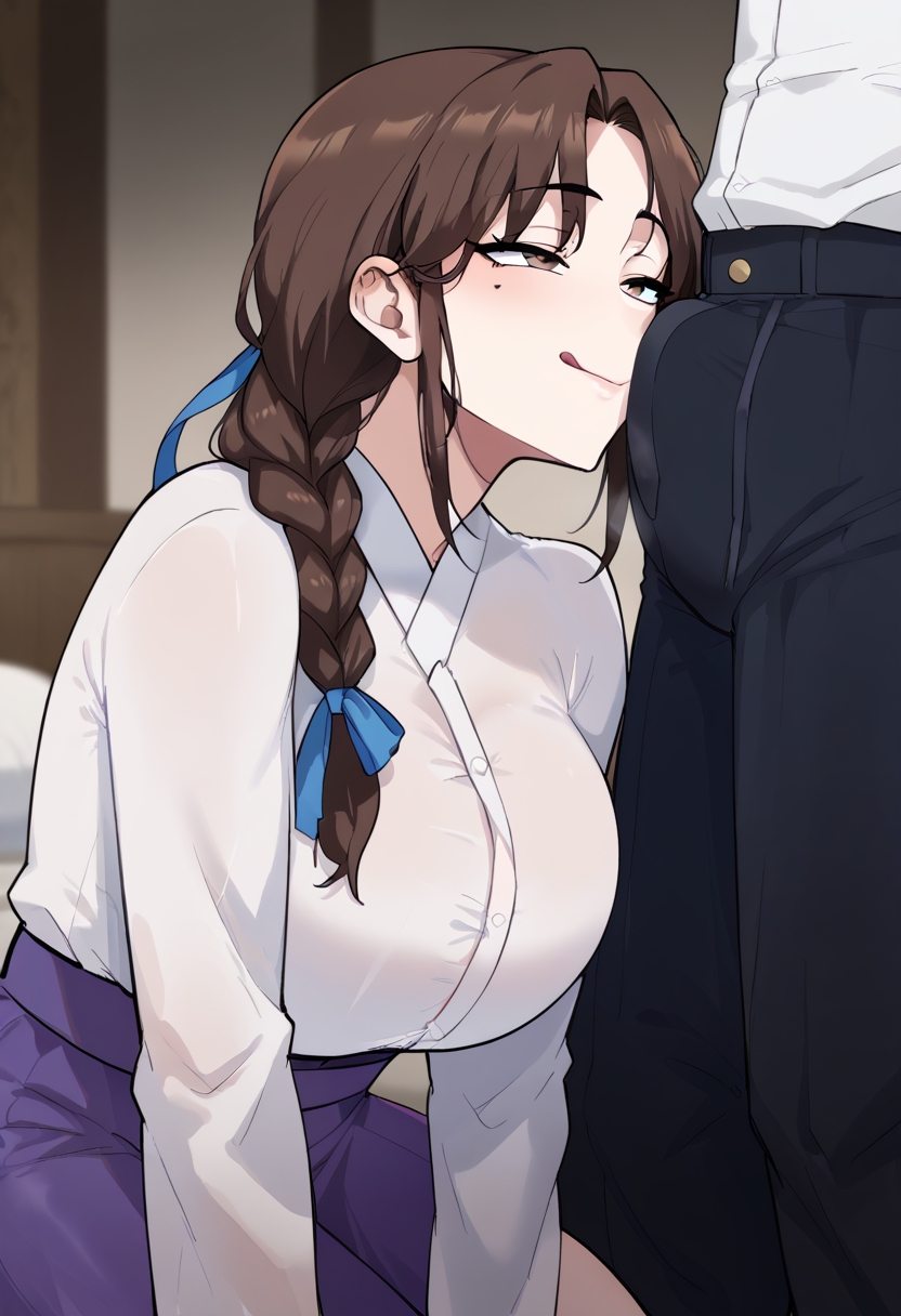 ai-kun ai_generated brown_hair bulge bulge_through_clothing korean_clothes korean_female large_breasts milf webtoon