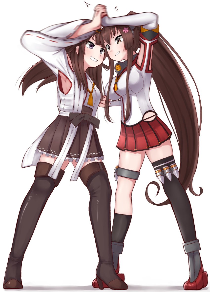 2girls ahoge black_legwear boots brown_eyes brown_hair brown_skirt catfight cherry_blossoms commentary_request detached_collar detached_sleeves double_bun eye_contact female_focus flower grey_eyes hair_flower hair_ornament headgear highres hip_vent japanese_clothes kantai_collection kongou_(kancolle) long_hair looking_at_another matching_hair/eyes motion_blur multiple_girls pleated_skirt ponytail red_skirt ribbon-trimmed_sleeves ribbon_trim simple_background single_thighhigh skirt standing thigh_boots thighhighs tiemu_(man190) white_background yamato_(kancolle)